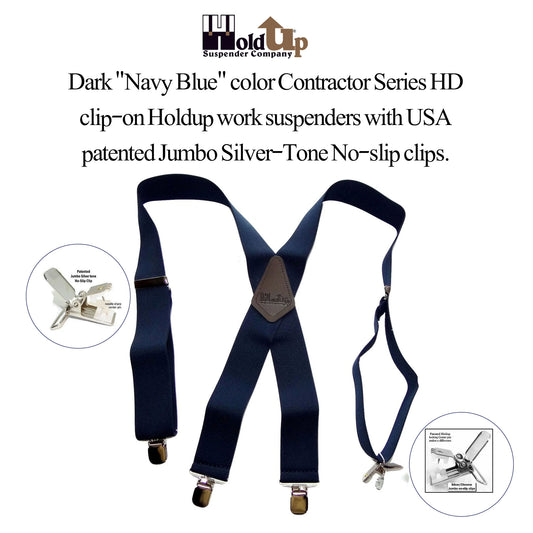 Contractor Series Holdup Navy Blue wide work Suspenders with Jumbo Silver-tone No-slip Clips