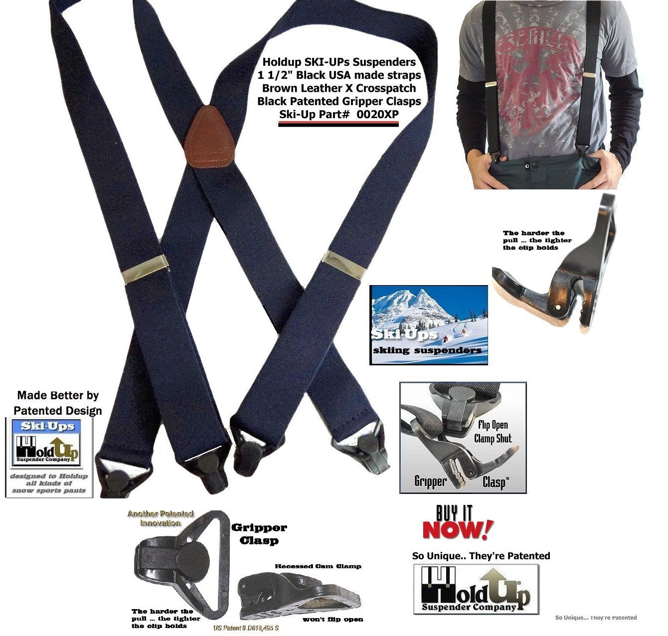 Holdup Brand Black Ski-Up X-back Suspenders with USA Patented Gripper Clasps