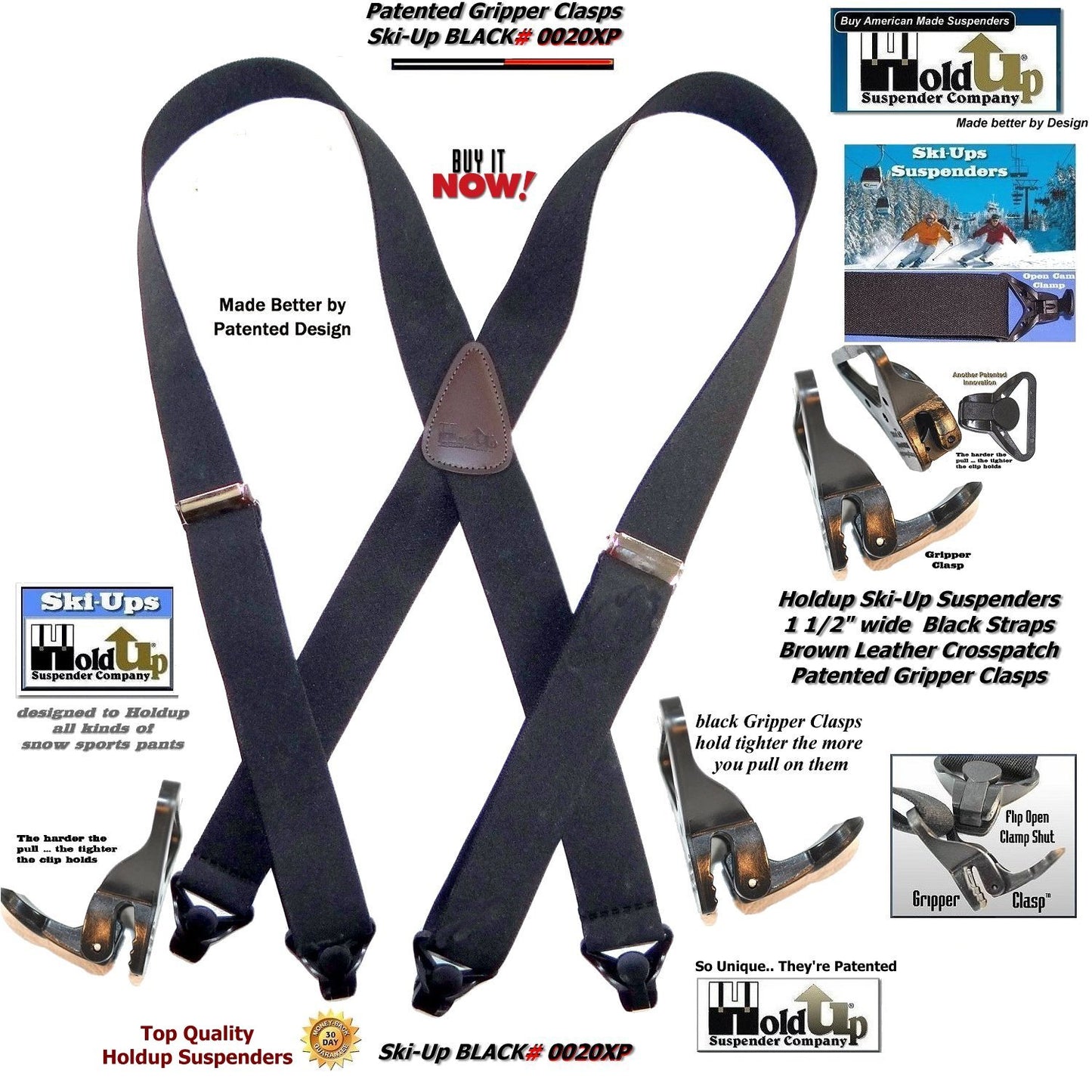 Holdup Brand Black Ski-Up X-back Suspenders with USA Patented Gripper Clasps