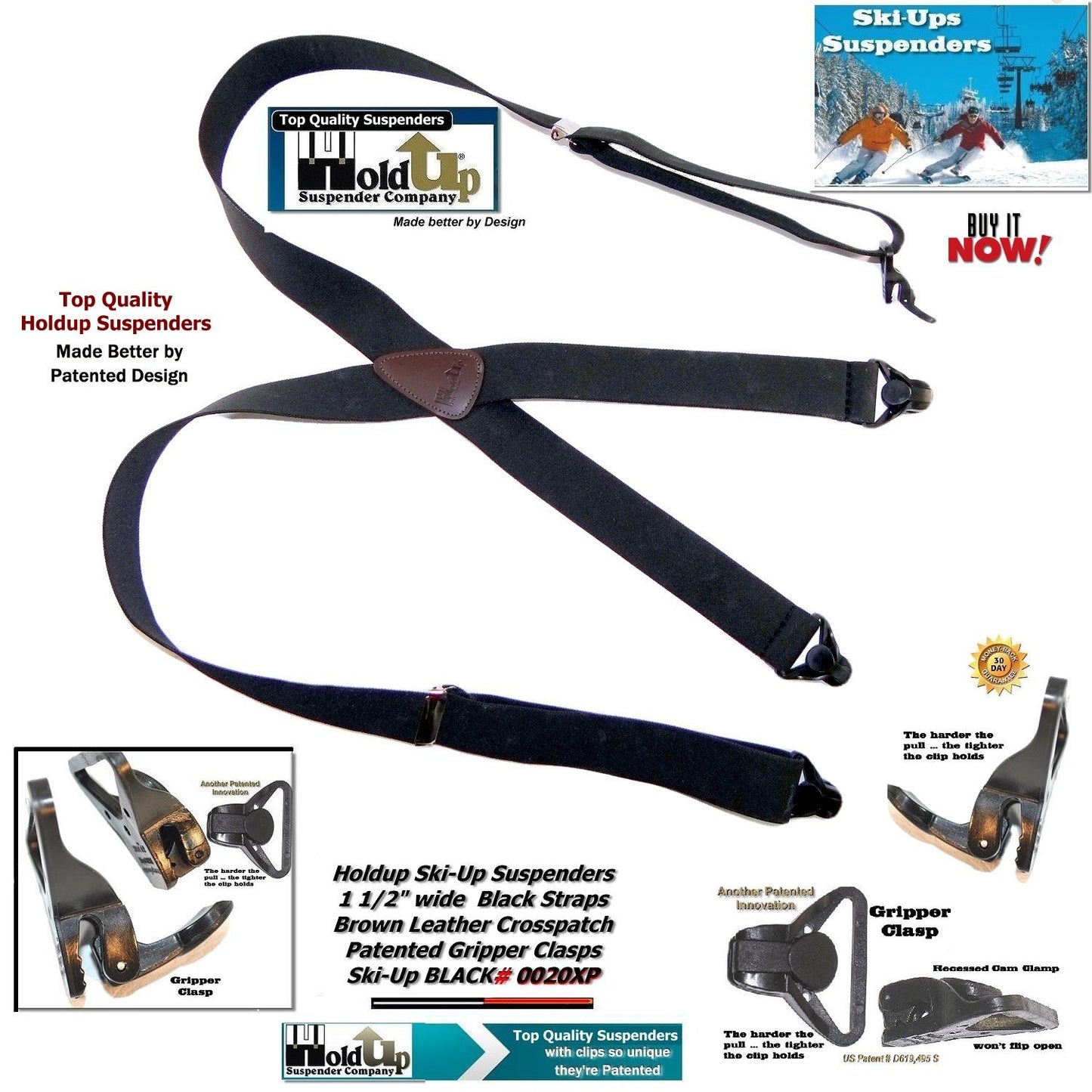 Holdup Brand Black Ski-Up X-back Suspenders with USA Patented Gripper Clasps