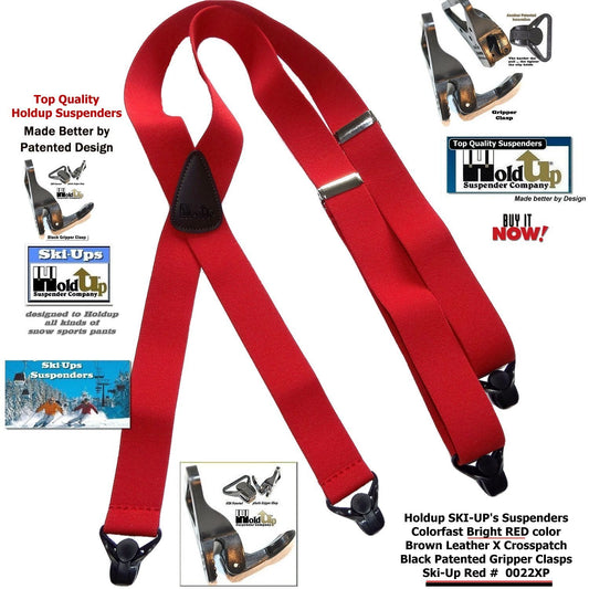 Hold-Ups Red Snow Ski Suspenders, USA Patented Gripper Clasps X-Back 1 1/2" wide