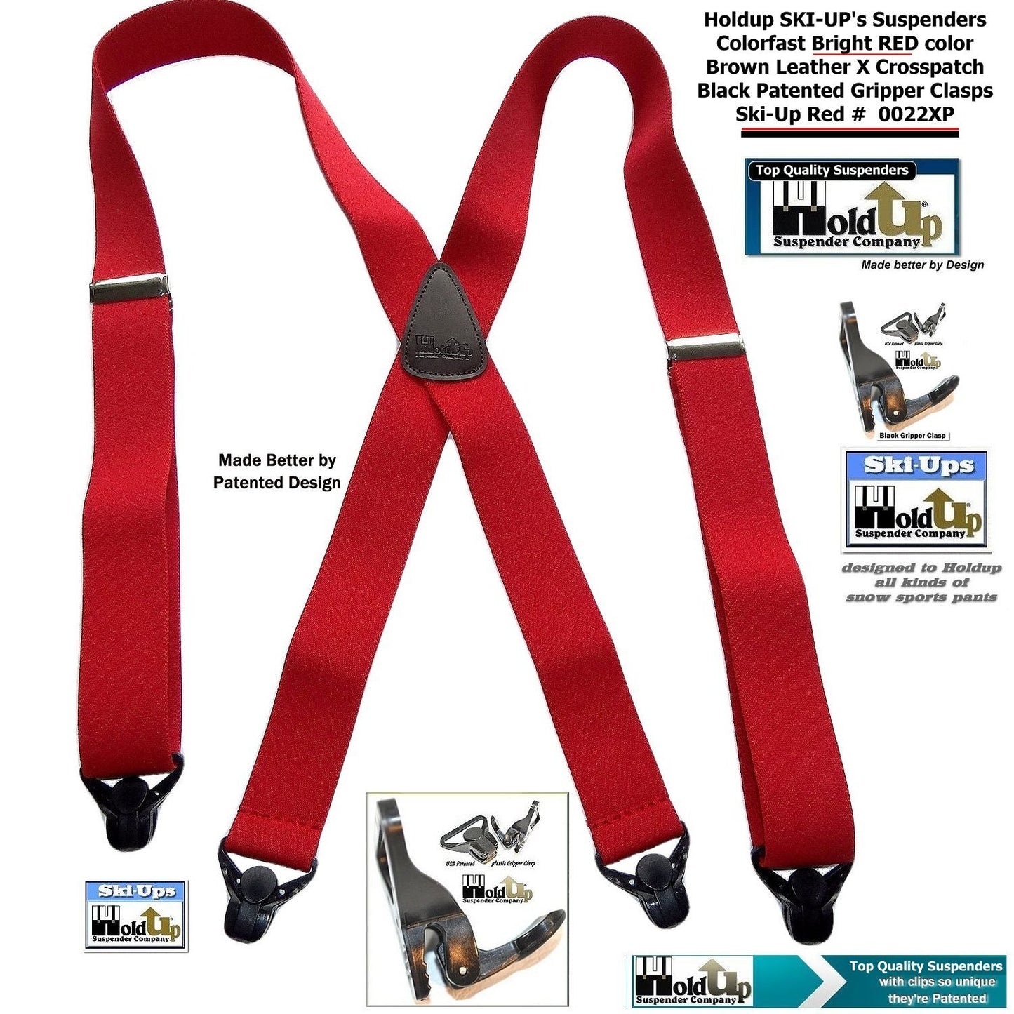 Hold-Ups Red Snow Ski Suspenders, USA Patented Gripper Clasps X-Back 1 1/2" wide