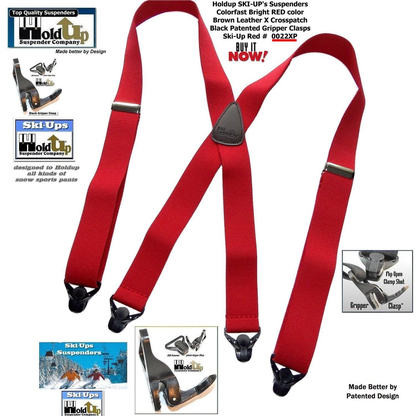 Hold-Ups Red Snow Ski Suspenders, USA Patented Gripper Clasps X-Back 1 1/2" wide