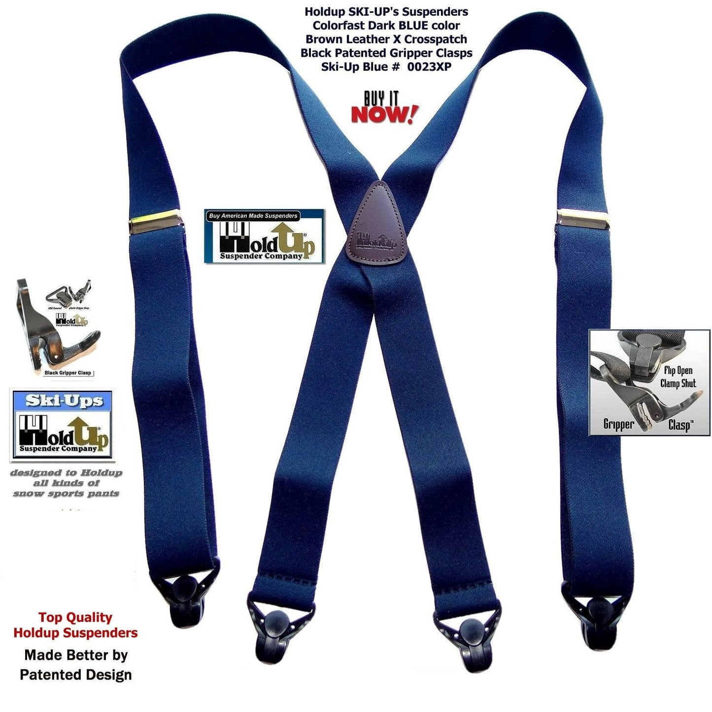 Dark Blue Holdup Brand Snow Ski X-back Suspenders with USA Patented black Gripper Clasps