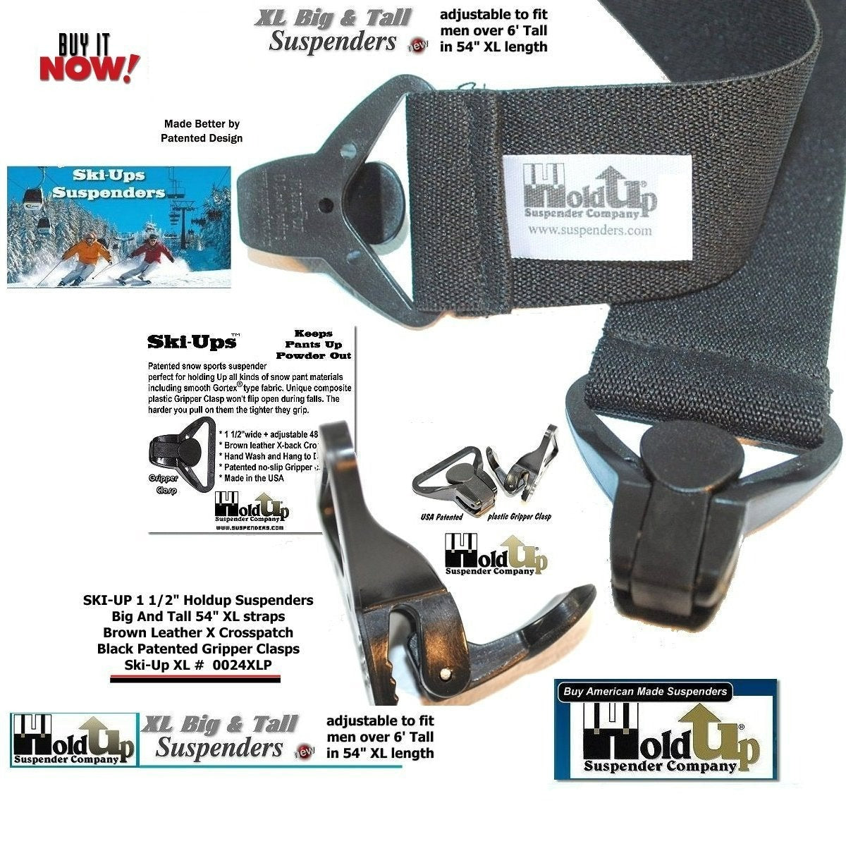 Holdup Brand XL Black Snow Ski-Ups Suspenders 1 1/2" wide with a USA Patented Gripper Clasps X-back