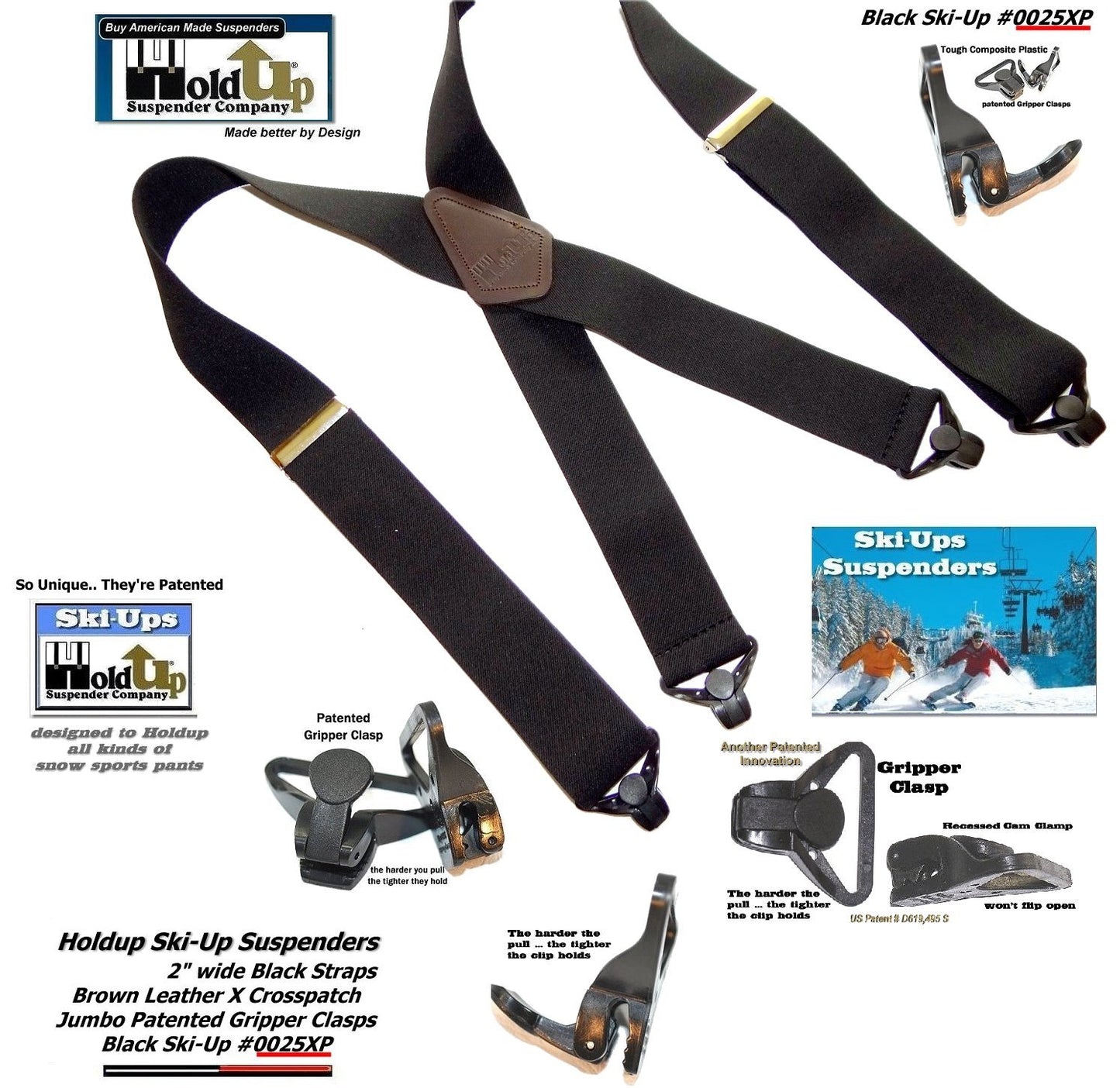 Holdup Brand 2 inch wide Black X-Back Ski-Up Suspenders With USA patented Jumbo Black Gripper Clasps