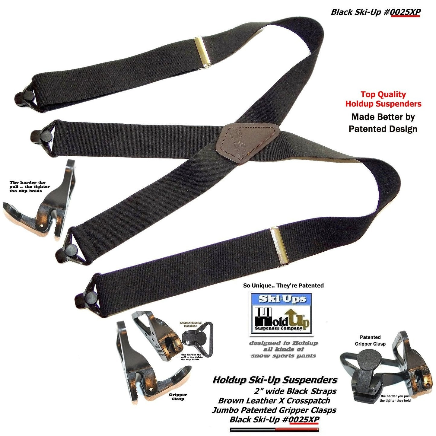 Holdup Brand 2 inch wide Black X-Back Ski-Up Suspenders With USA patented Jumbo Black Gripper Clasps