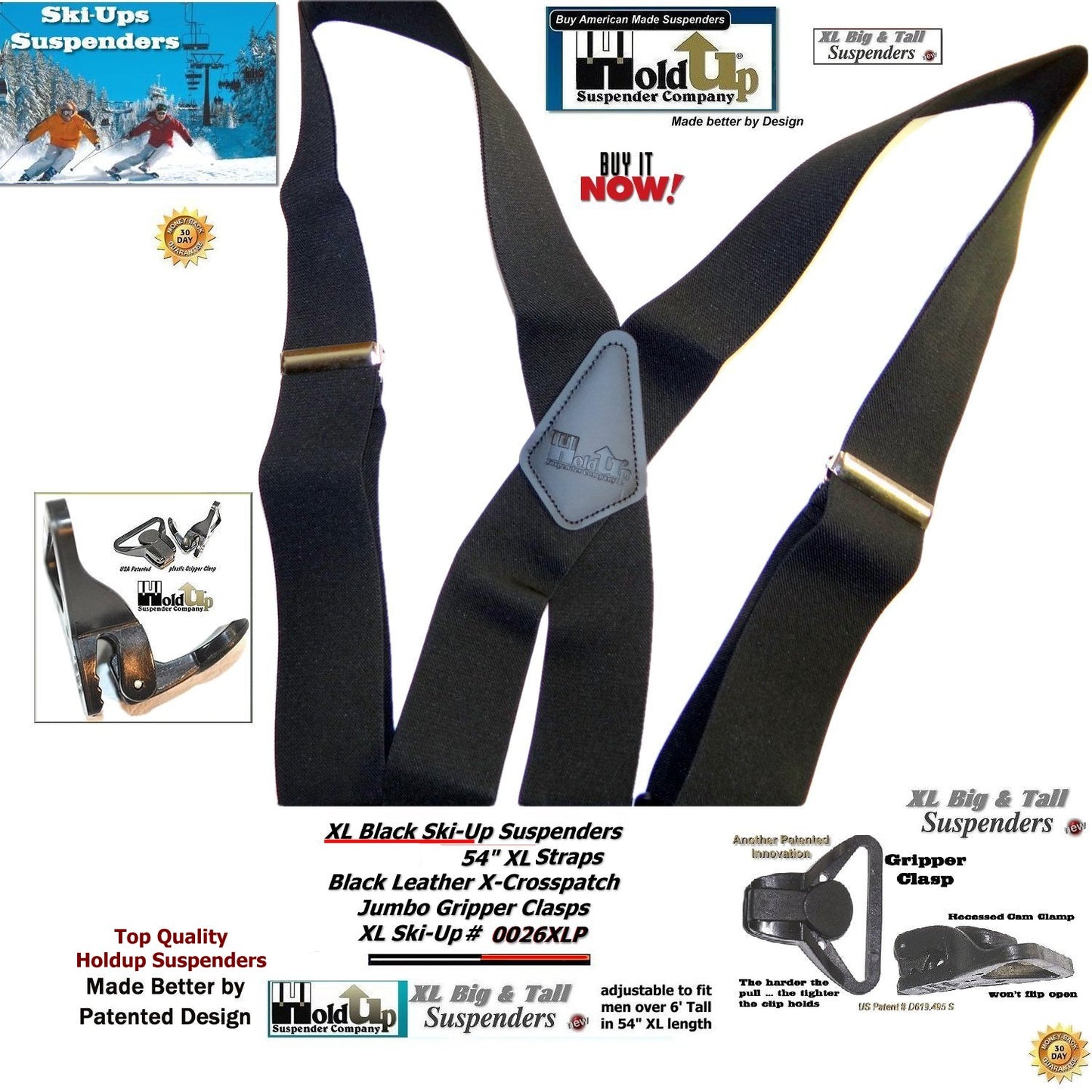 Holdup XL All Black Ski Ups X-back HD Suspenders with USA Patented Jumbo Gripper Clasps