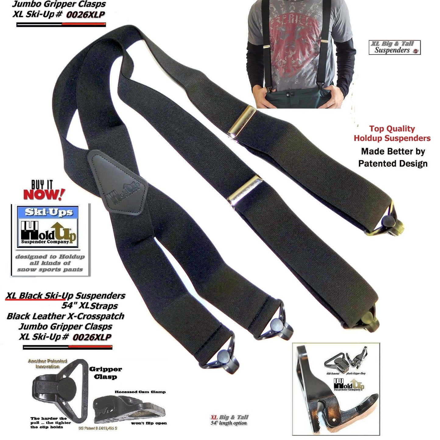 Holdup XL All Black Ski Ups X-back HD Suspenders with USA Patented Jumbo Gripper Clasps