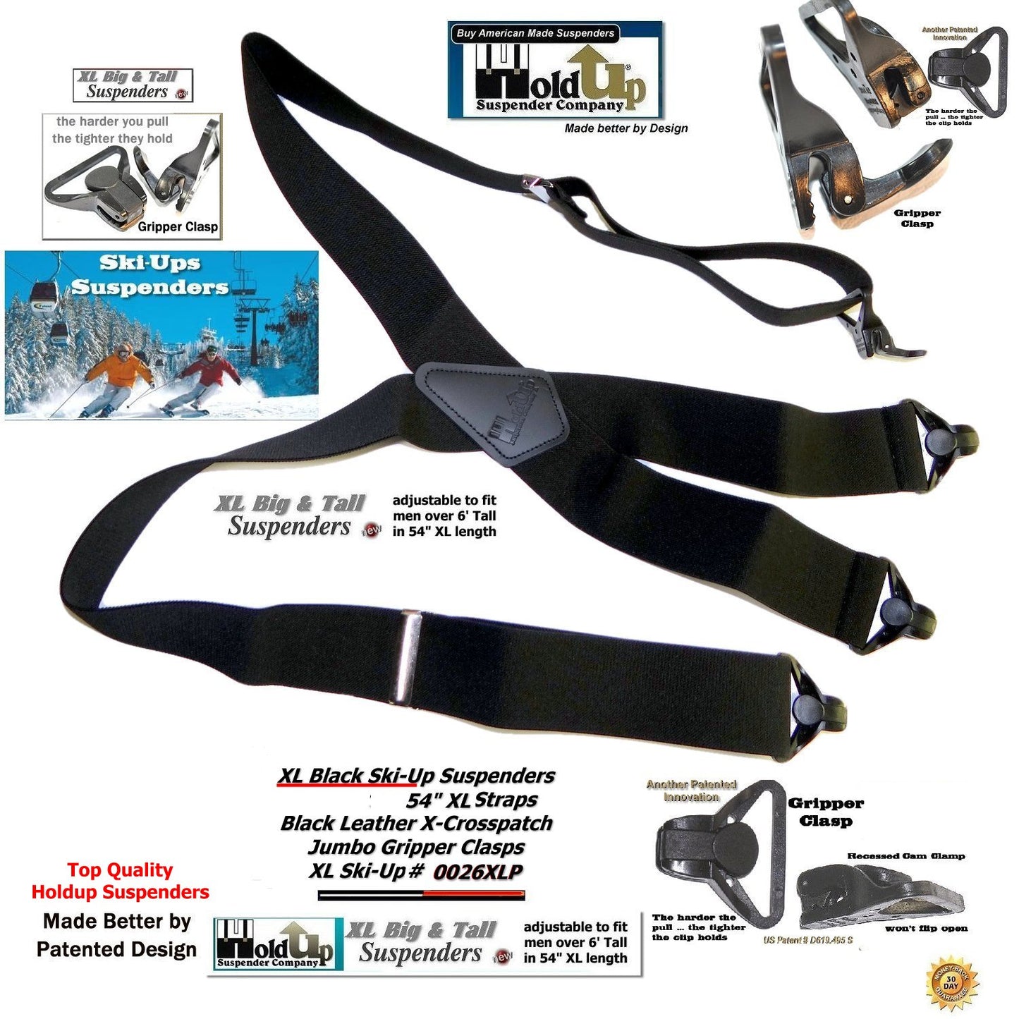 Holdup XL All Black Ski Ups X-back HD Suspenders with USA Patented Jumbo Gripper Clasps