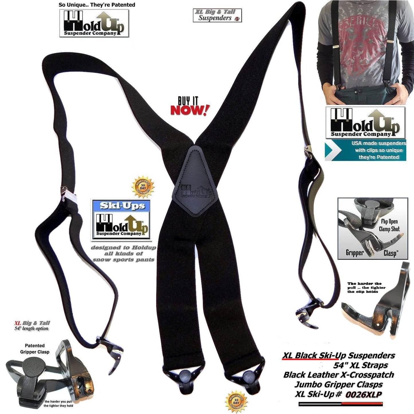 Holdup XL All Black Ski Ups X-back HD Suspenders with USA Patented Jumbo Gripper Clasps