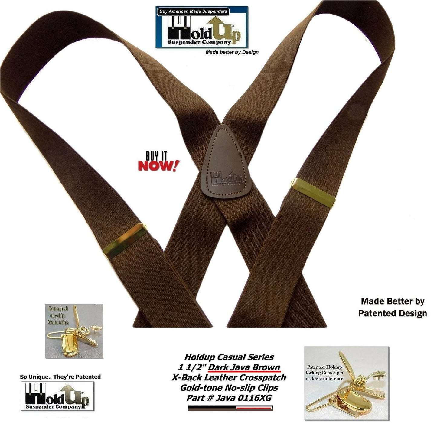 HoldUp Brand dark Java Brown X-back Men's Suspenders with USA Patented No-slip Gold-tone Clips