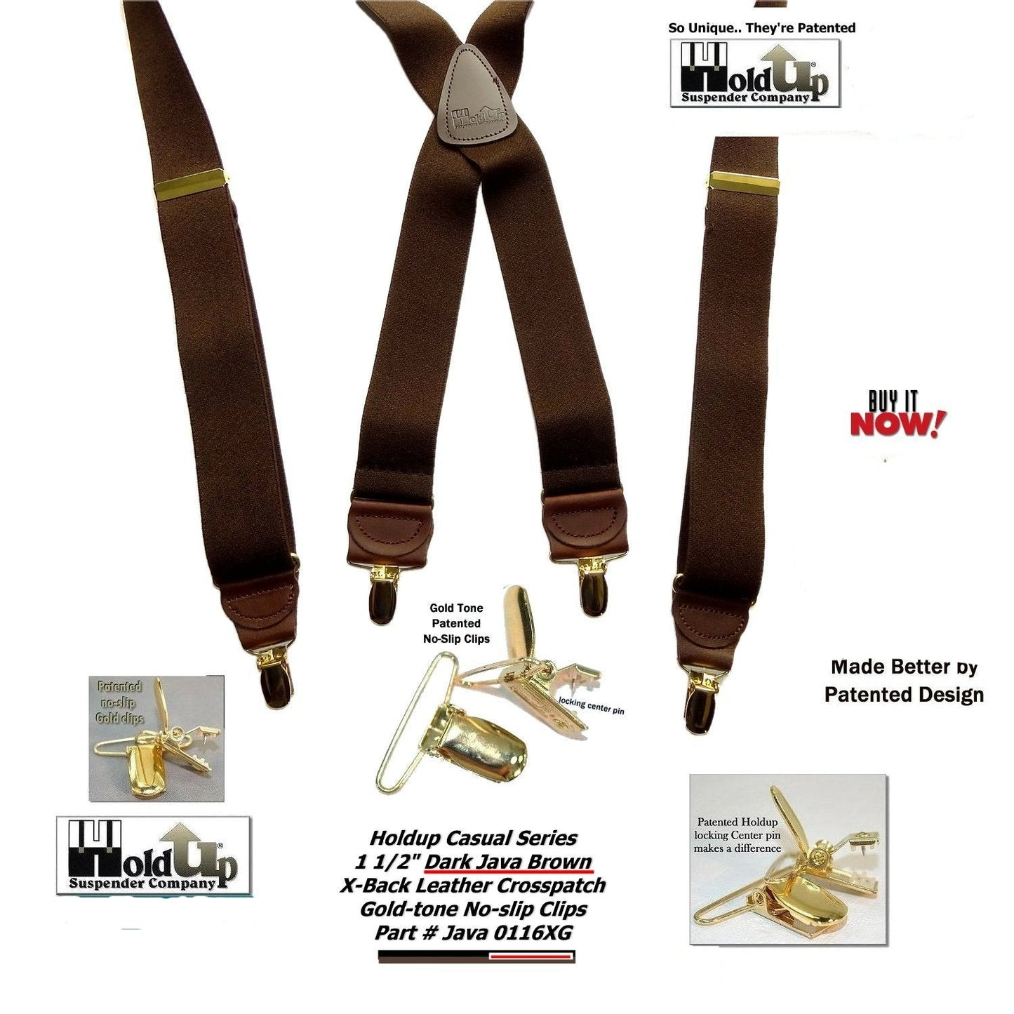 HoldUp Brand dark Java Brown X-back Men's Suspenders with USA Patented No-slip Gold-tone Clips