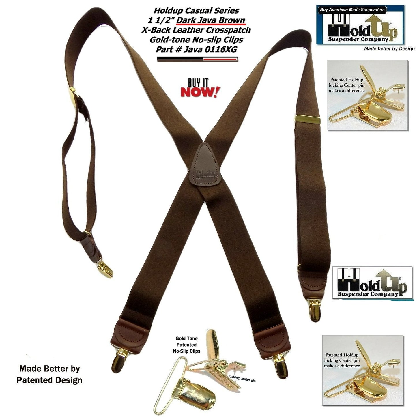 HoldUp Brand dark Java Brown X-back Men's Suspenders with USA Patented No-slip Gold-tone Clips