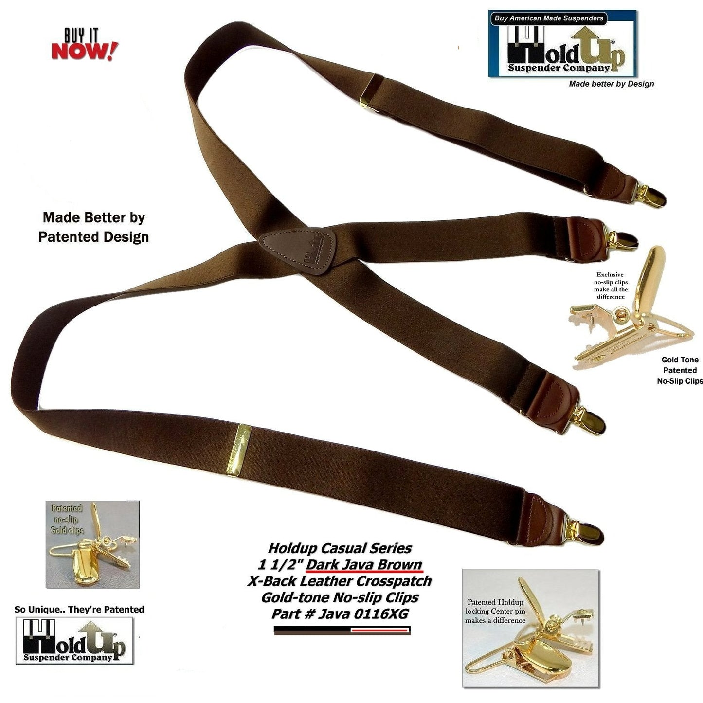 HoldUp Brand dark Java Brown X-back Men's Suspenders with USA Patented No-slip Gold-tone Clips