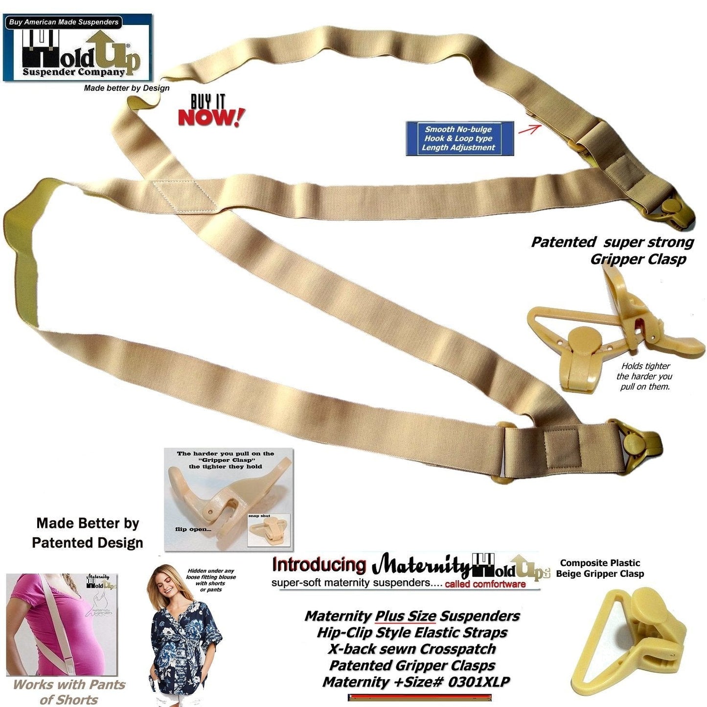 HoldUp Plus Size Maternity Hidden side clip Suspenders with beige Patented Gripper clasps