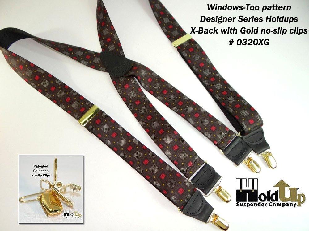 Hold-Ups Windows Too Pattern X-back 1 3/8" wide Susprnders with USA Patented No-slip Gold Clips