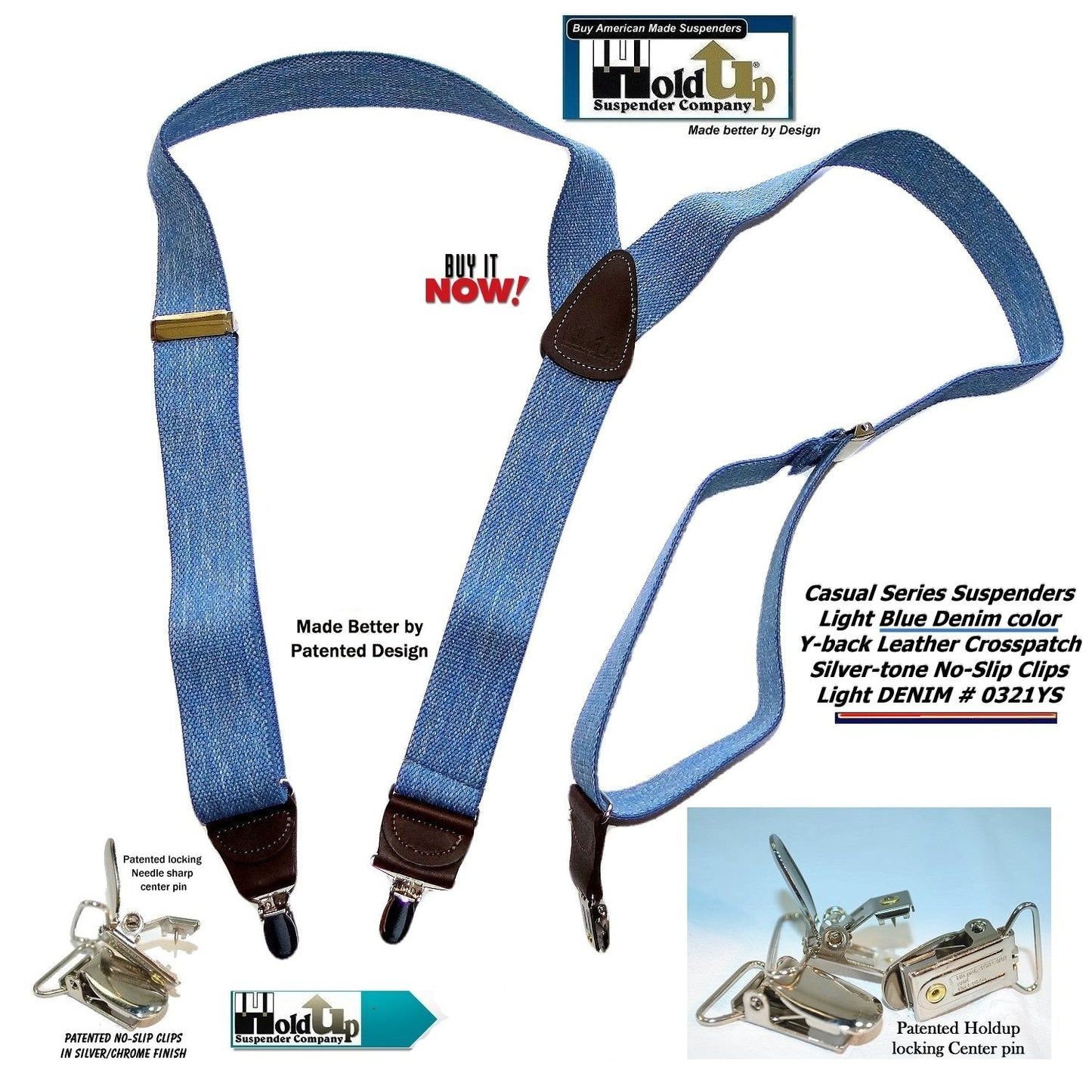 Holdup Light Blue Denim Suspenders Y-back men's suspenders with USA Patented No-slip Silvertone Clips