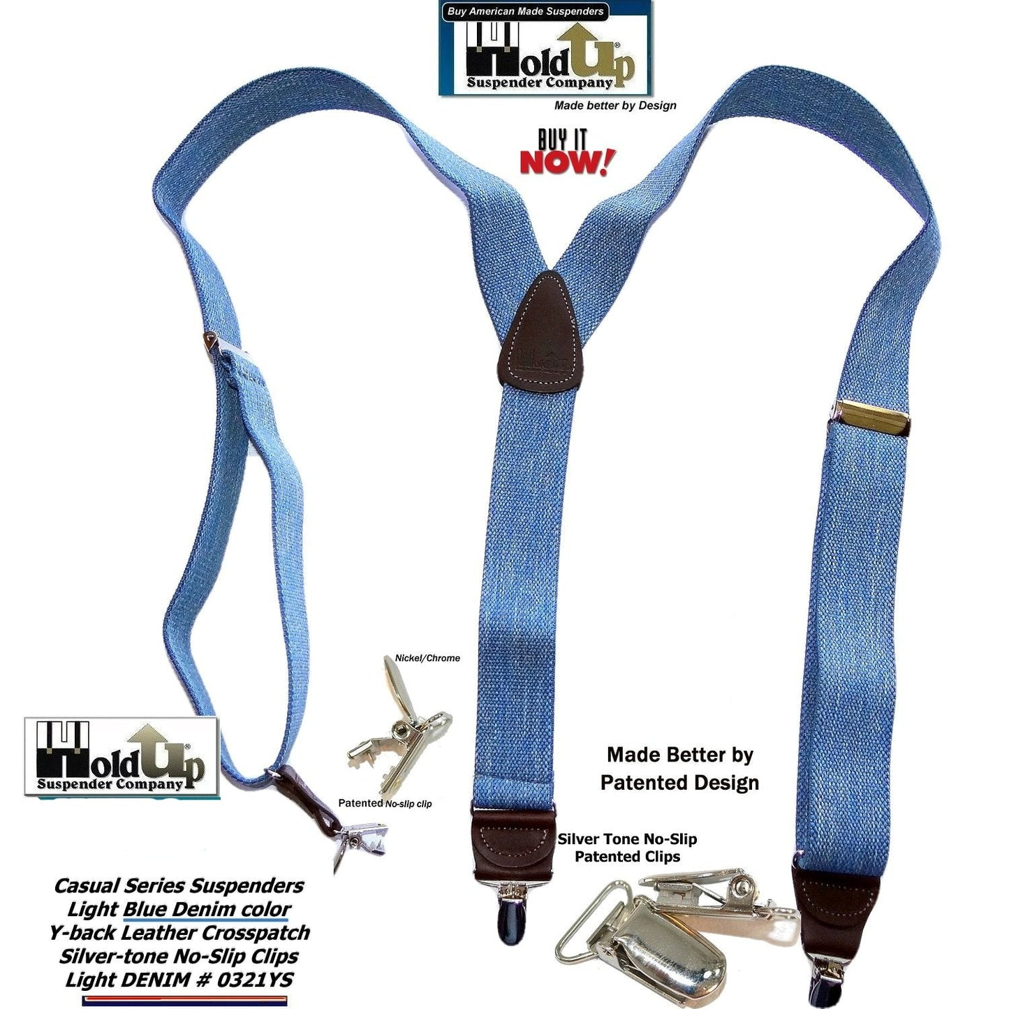 Holdup Light Blue Denim Suspenders Y-back men's suspenders with USA Patented No-slip Silvertone Clips