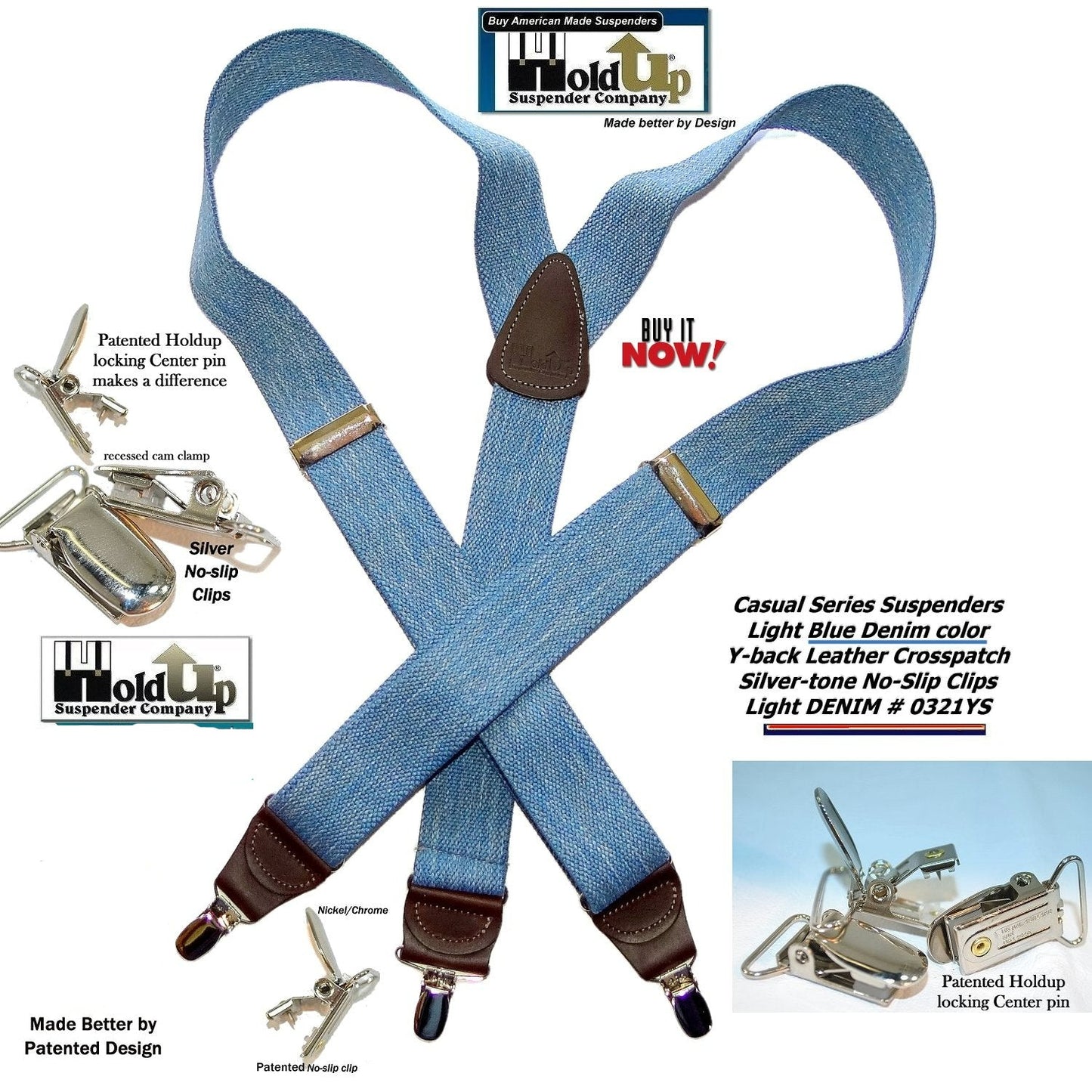 Holdup Light Blue Denim Suspenders Y-back men's suspenders with USA Patented No-slip Silvertone Clips