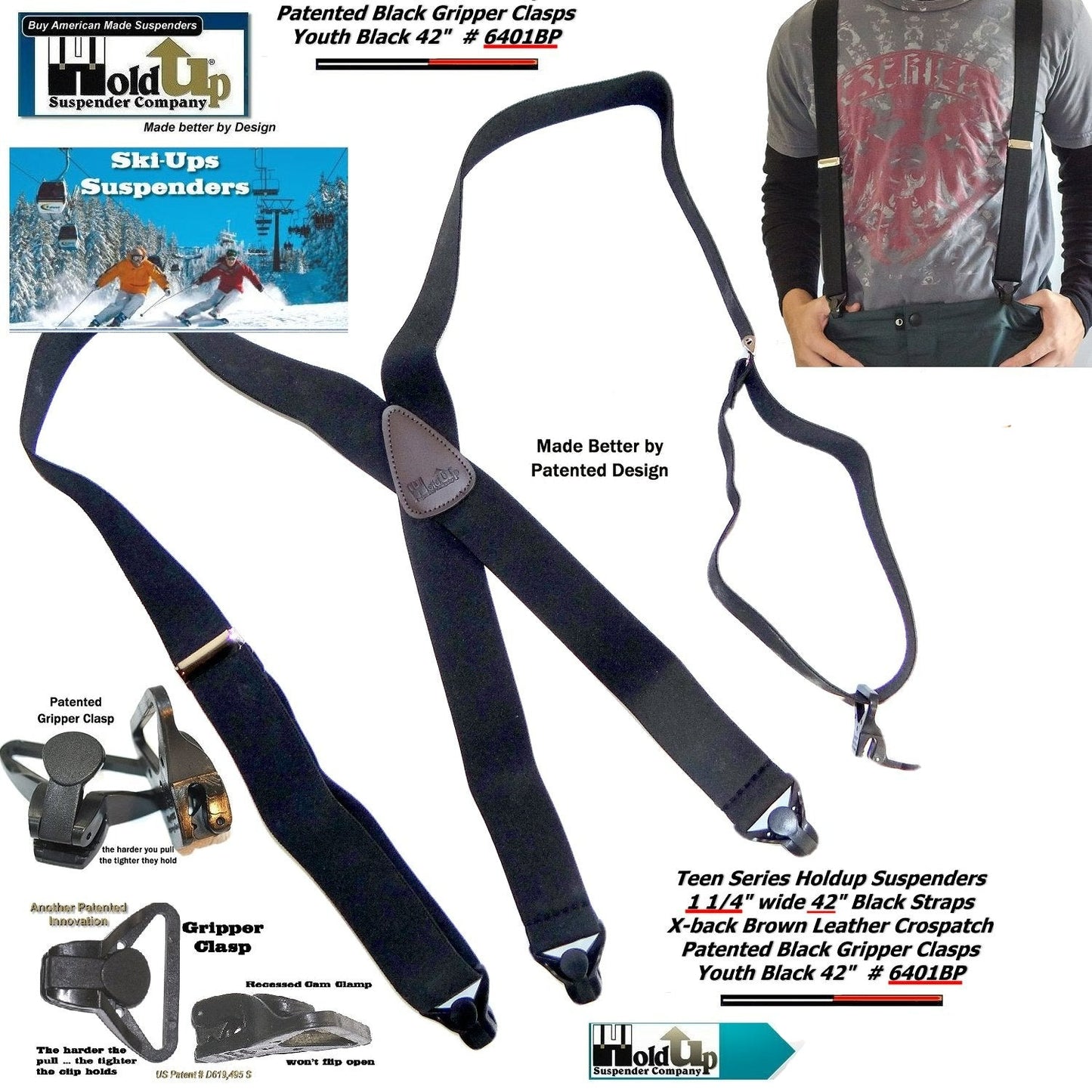 Holdup Black 42" Teen size Black Ski-Ups X-back Suspenders with USA Patented Gripper Clasps