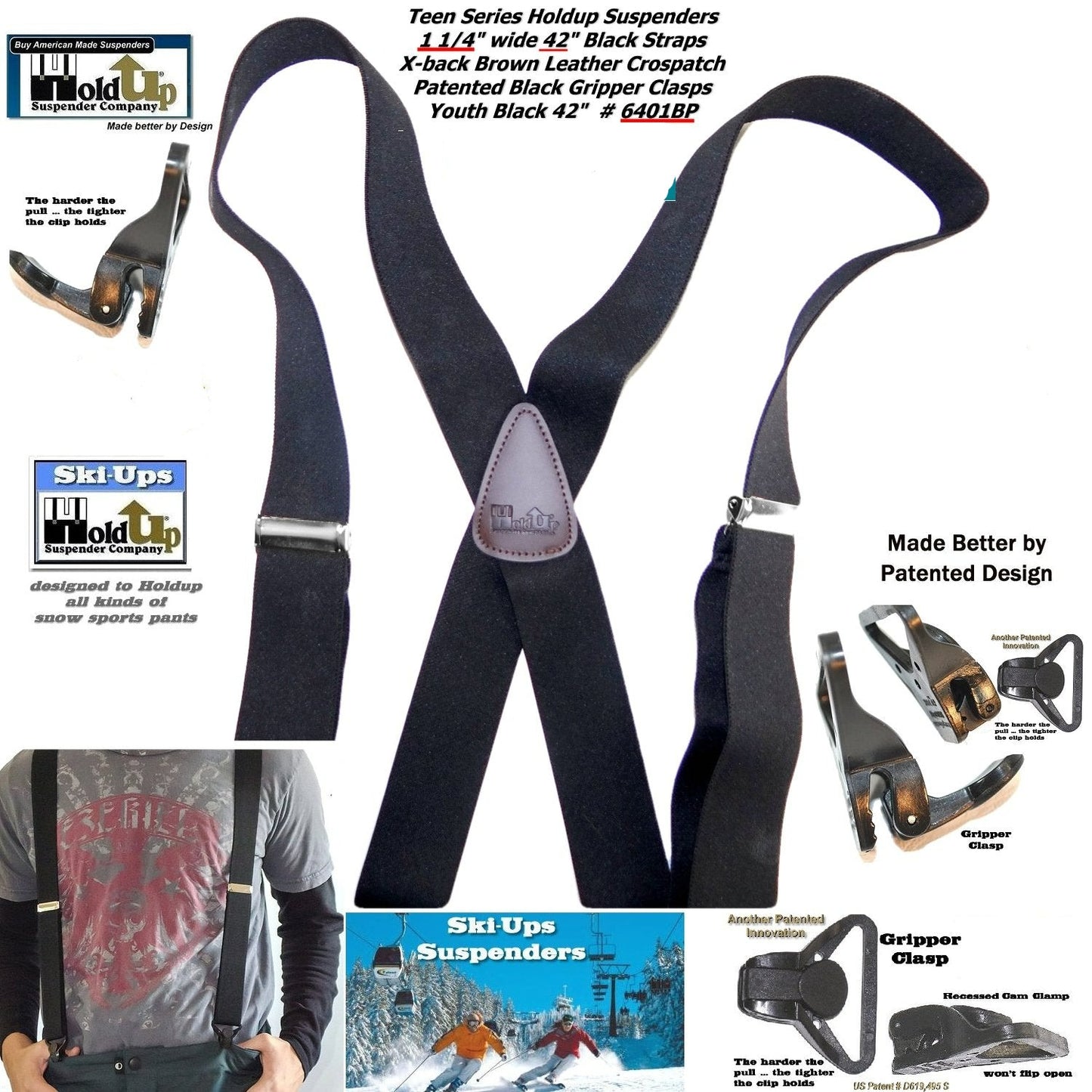 Holdup Black 42" Teen size Black Ski-Ups X-back Suspenders with USA Patented Gripper Clasps