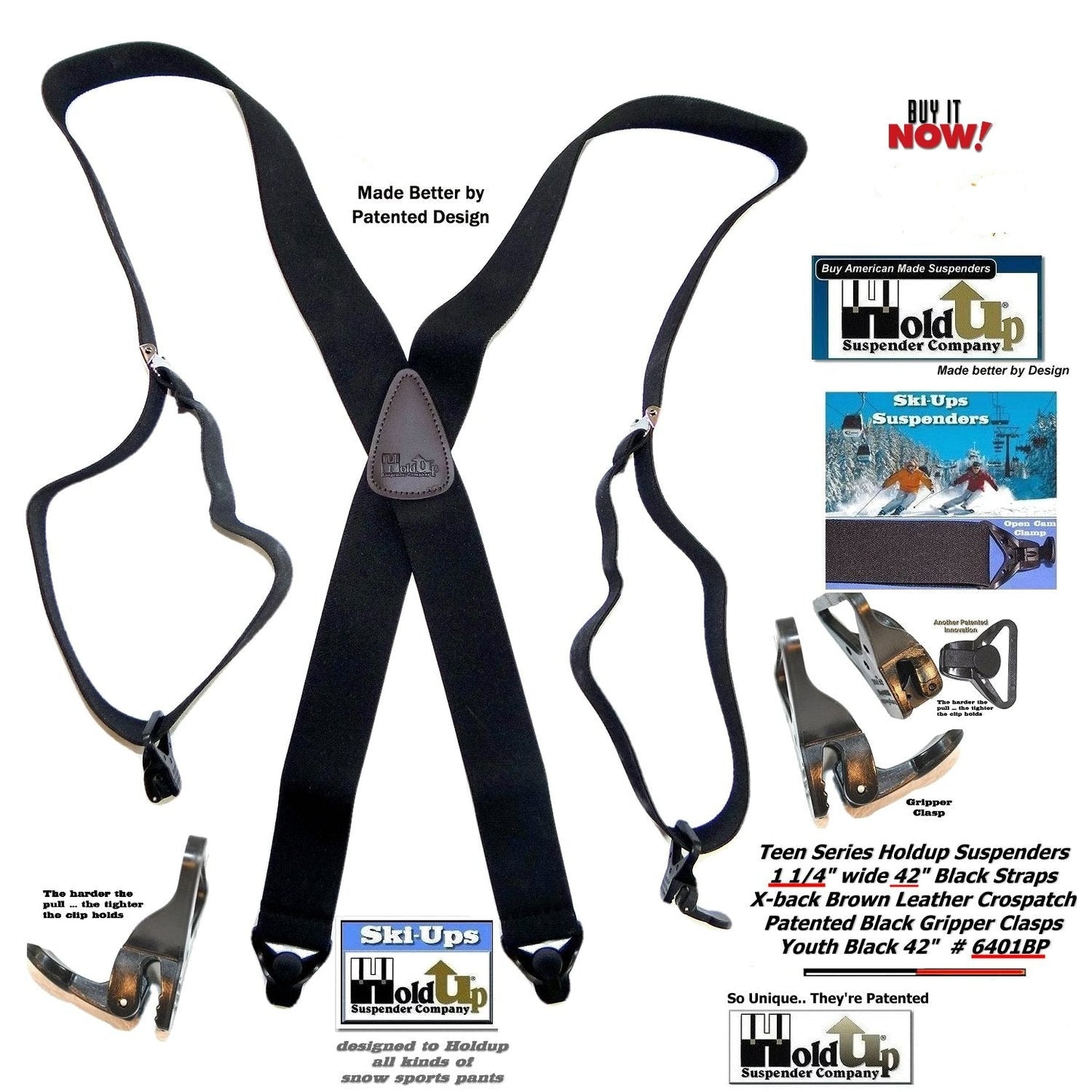 Holdup Black 42" Teen size Black Ski-Ups X-back Suspenders with USA Patented Gripper Clasps