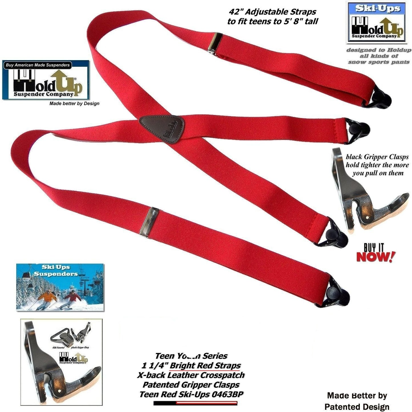 Holdup Brand 42" Teen Red X-back Suspenders 1 1/4" wide with USA Patented Gripper Clasps