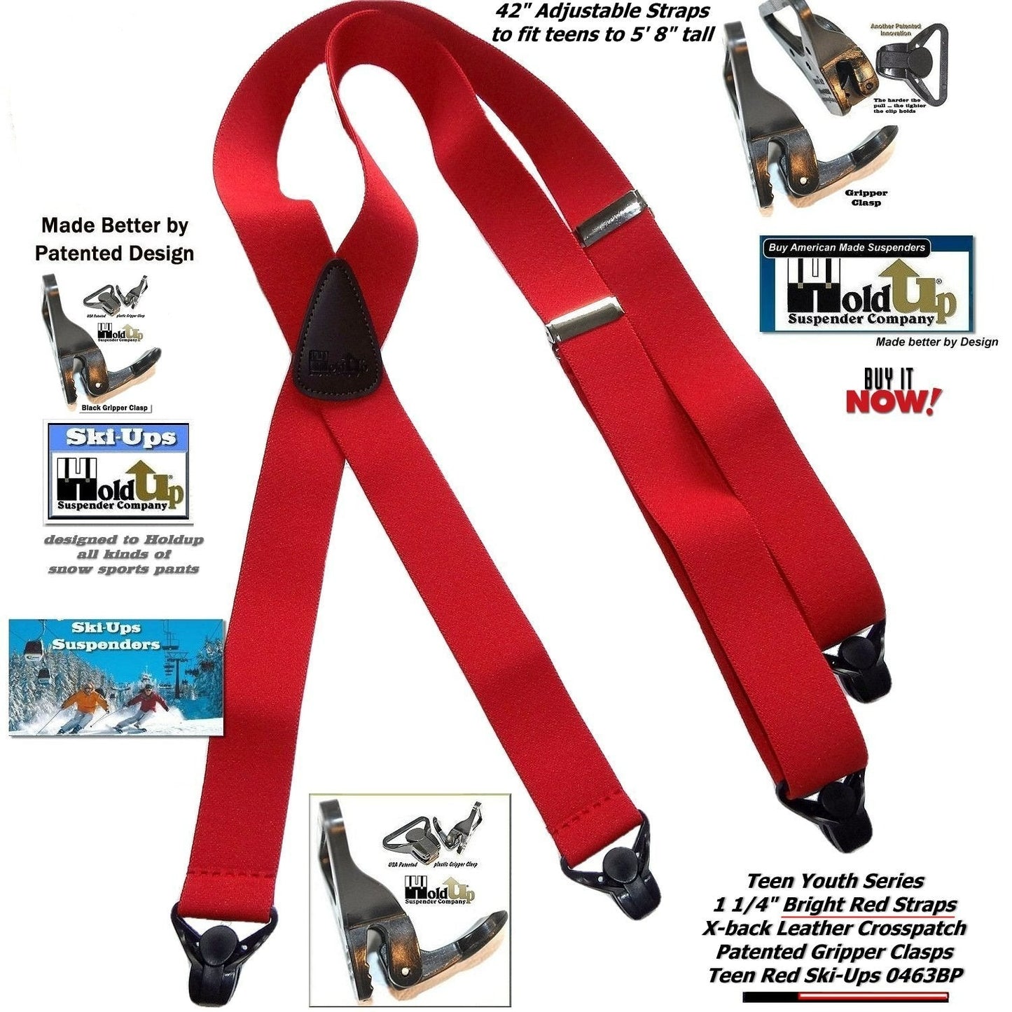 Holdup Brand 42" Teen Red X-back Suspenders 1 1/4" wide with USA Patented Gripper Clasps