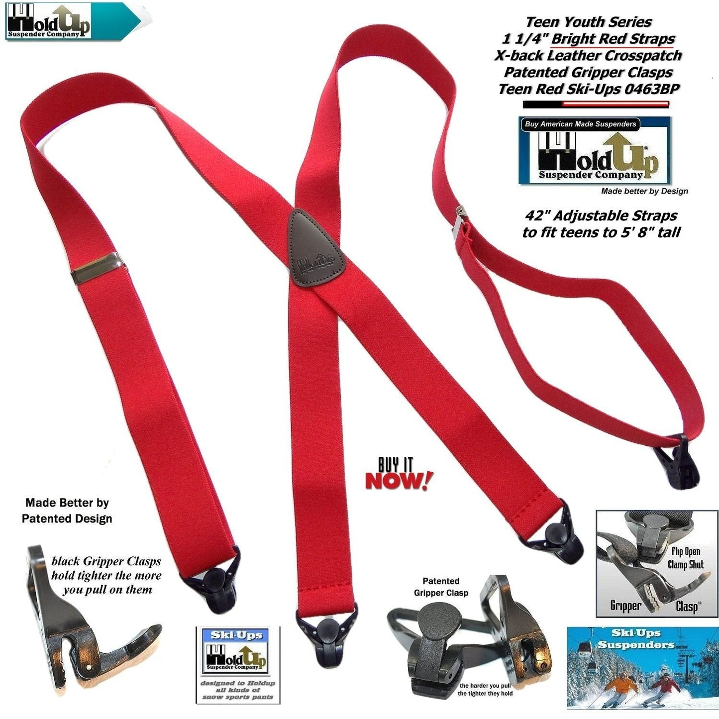 Holdup Brand 42" Teen Red X-back Suspenders 1 1/4" wide with USA Patented Gripper Clasps