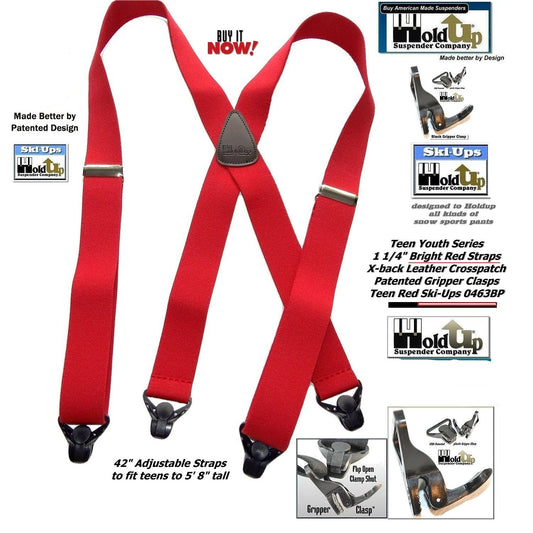 Holdup Brand 42" Teen Red X-back Suspenders 1 1/4" wide with USA Patented Gripper Clasps