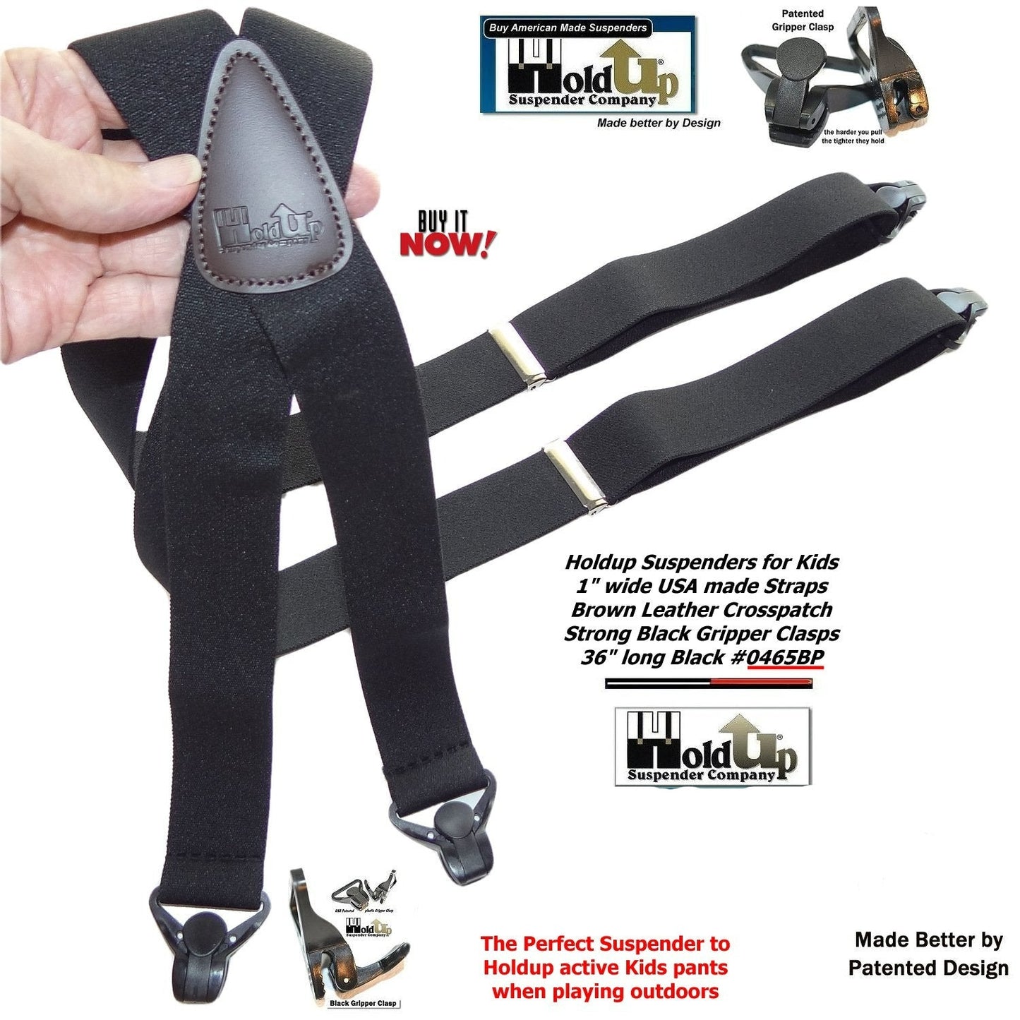 Holdup Brand Black Youth sized 36" Long X-back Suspenders With USA Patented Gripper Clasps