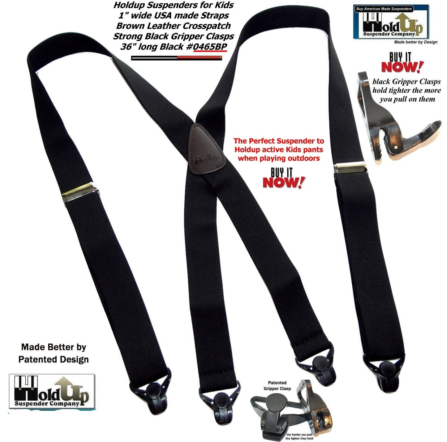 Holdup Brand Black Youth sized 36" Long X-back Suspenders With USA Patented Gripper Clasps