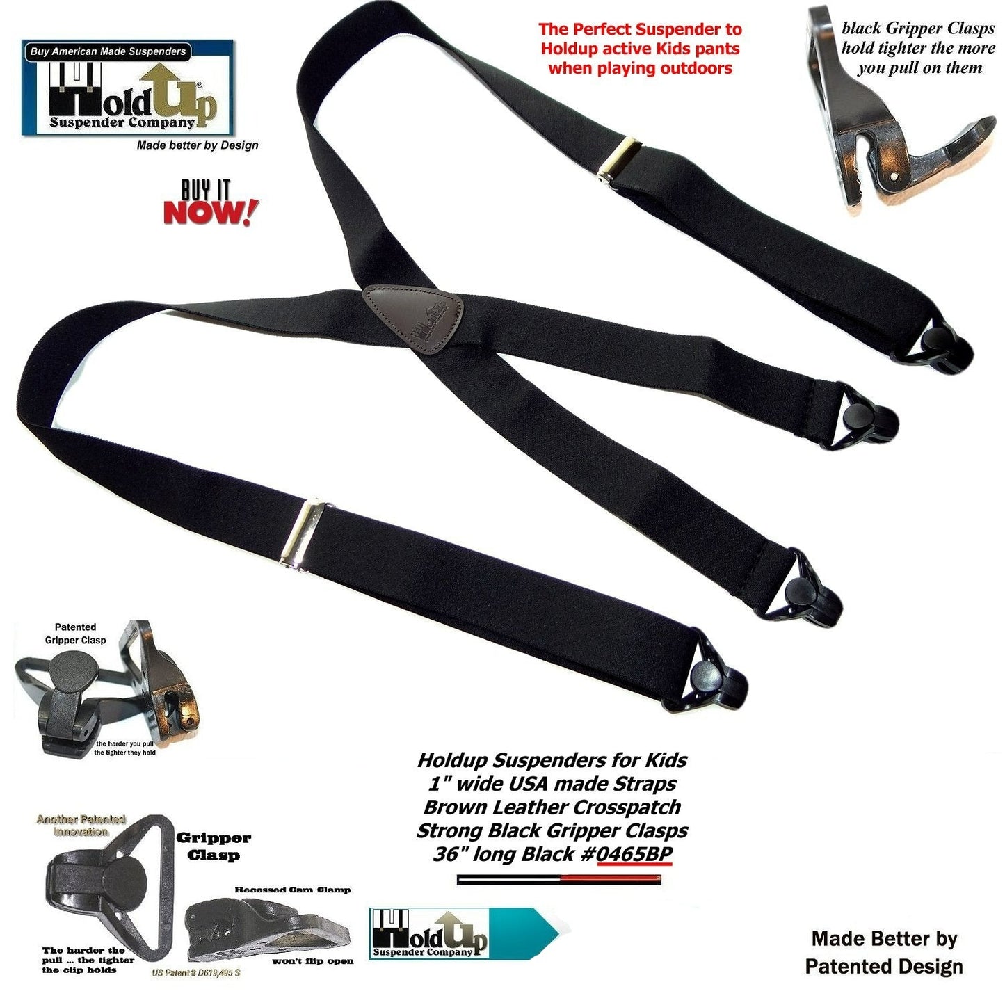 Holdup Brand Black Youth sized 36" Long X-back Suspenders With USA Patented Gripper Clasps