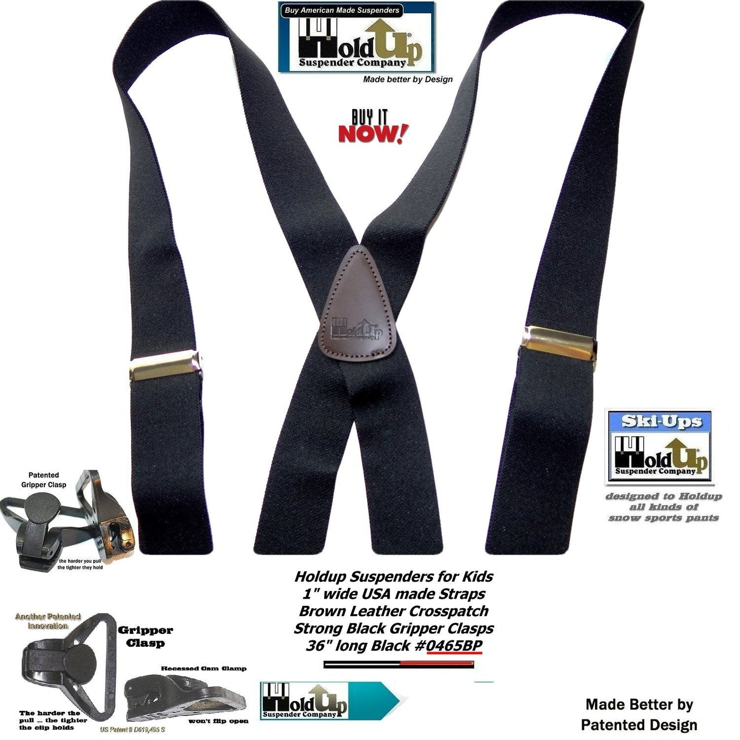 Holdup Brand Black Youth sized 36" Long X-back Suspenders With USA Patented Gripper Clasps