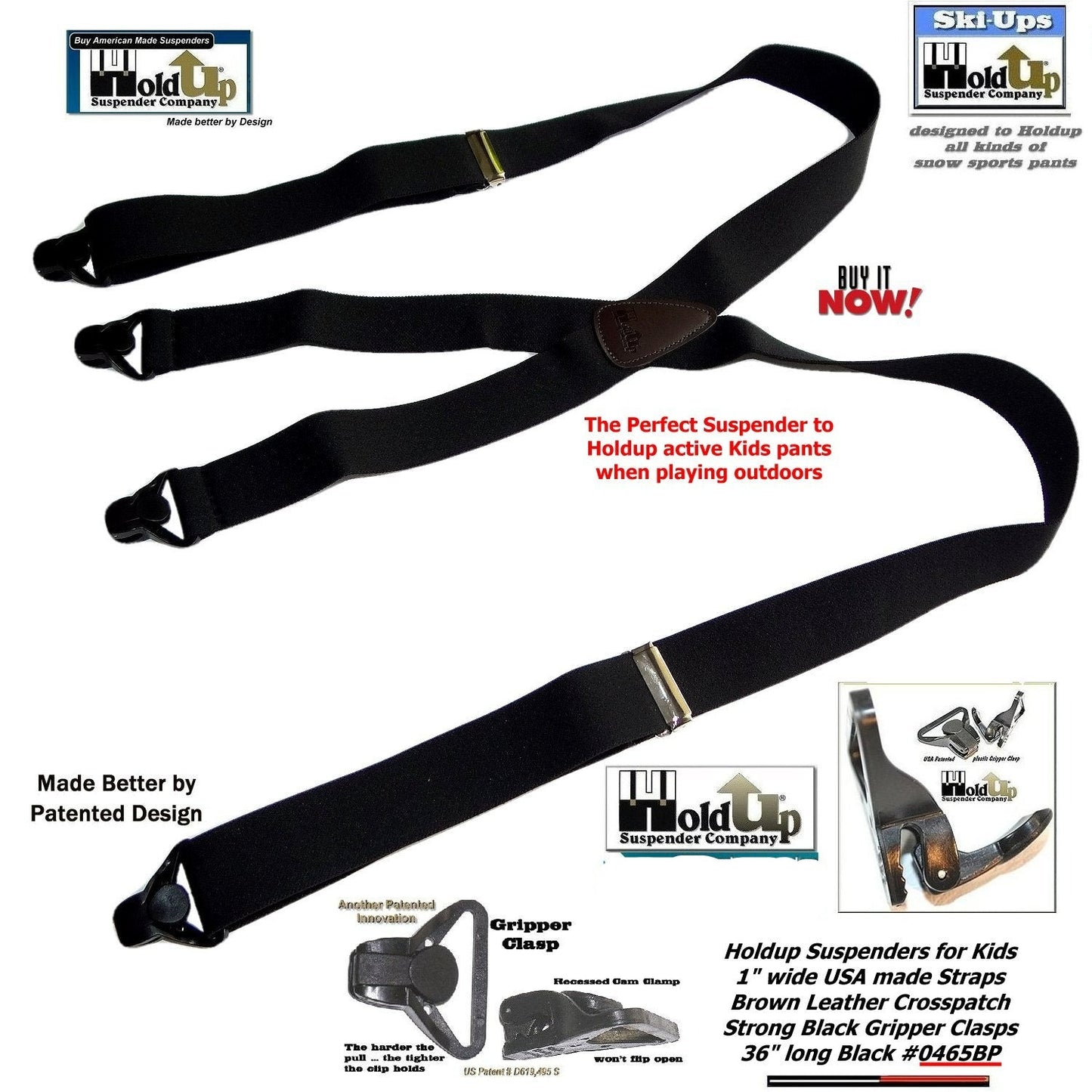 Holdup Brand Black Youth sized 36" Long X-back Suspenders With USA Patented Gripper Clasps