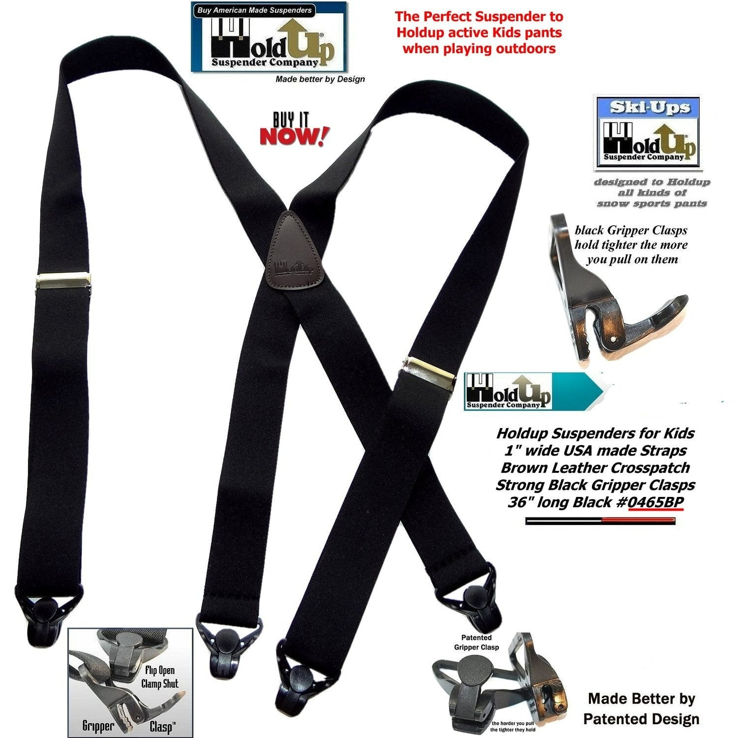 Holdup Brand Black Youth sized 36" Long X-back Suspenders With USA Patented Gripper Clasps