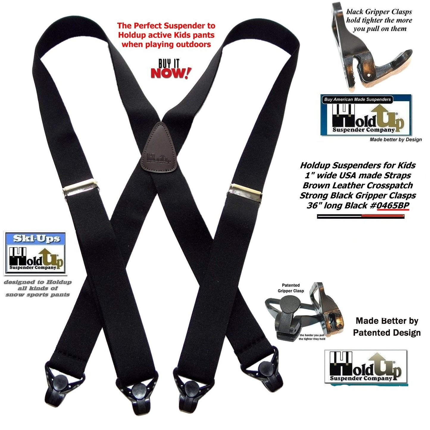 Holdup Brand Black Youth sized 36" Long X-back Suspenders With USA Patented Gripper Clasps