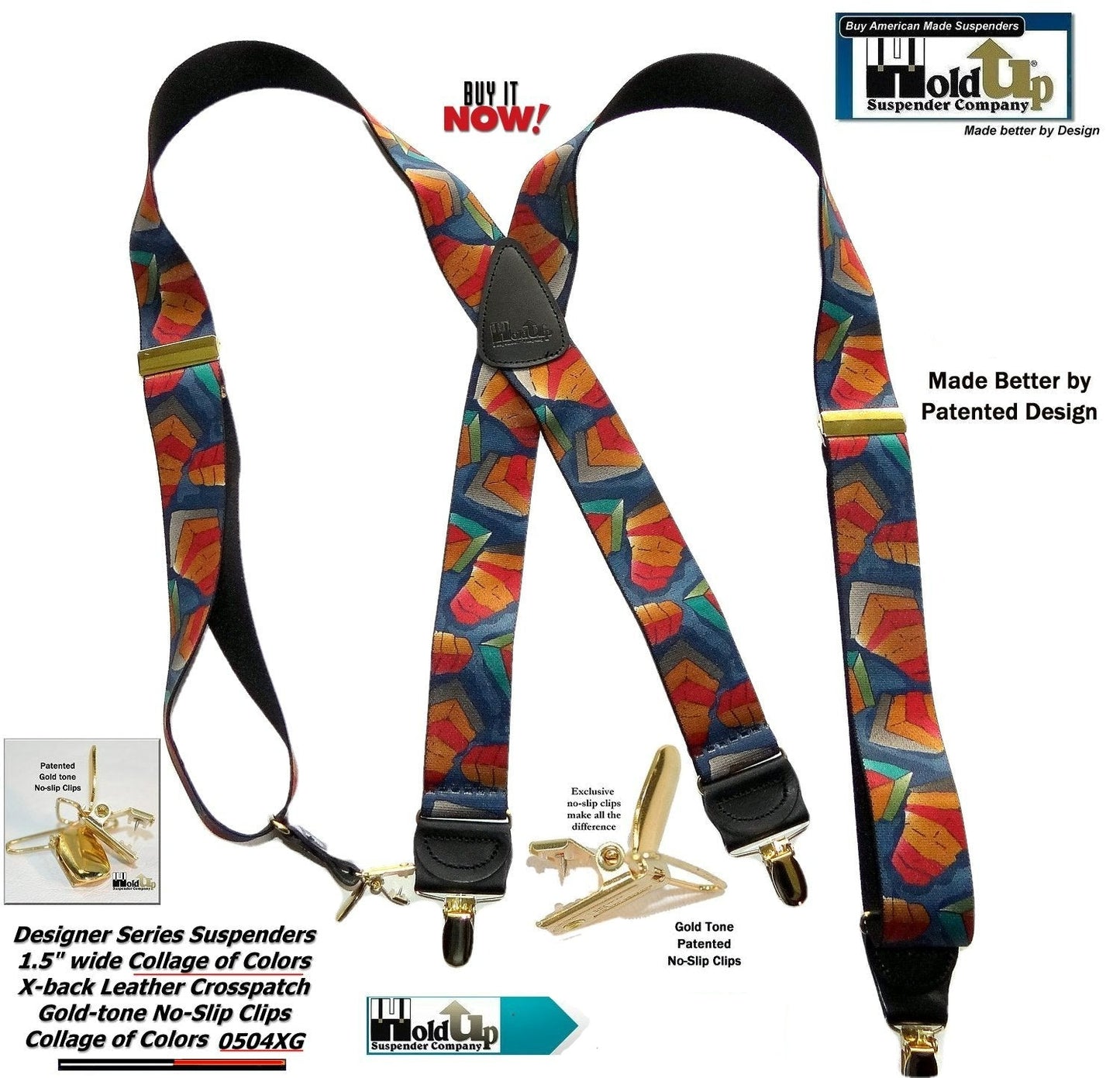 Holdup Collage of Colors Pattern X-back Suspenders and Patented No-slip Gold tone Clips