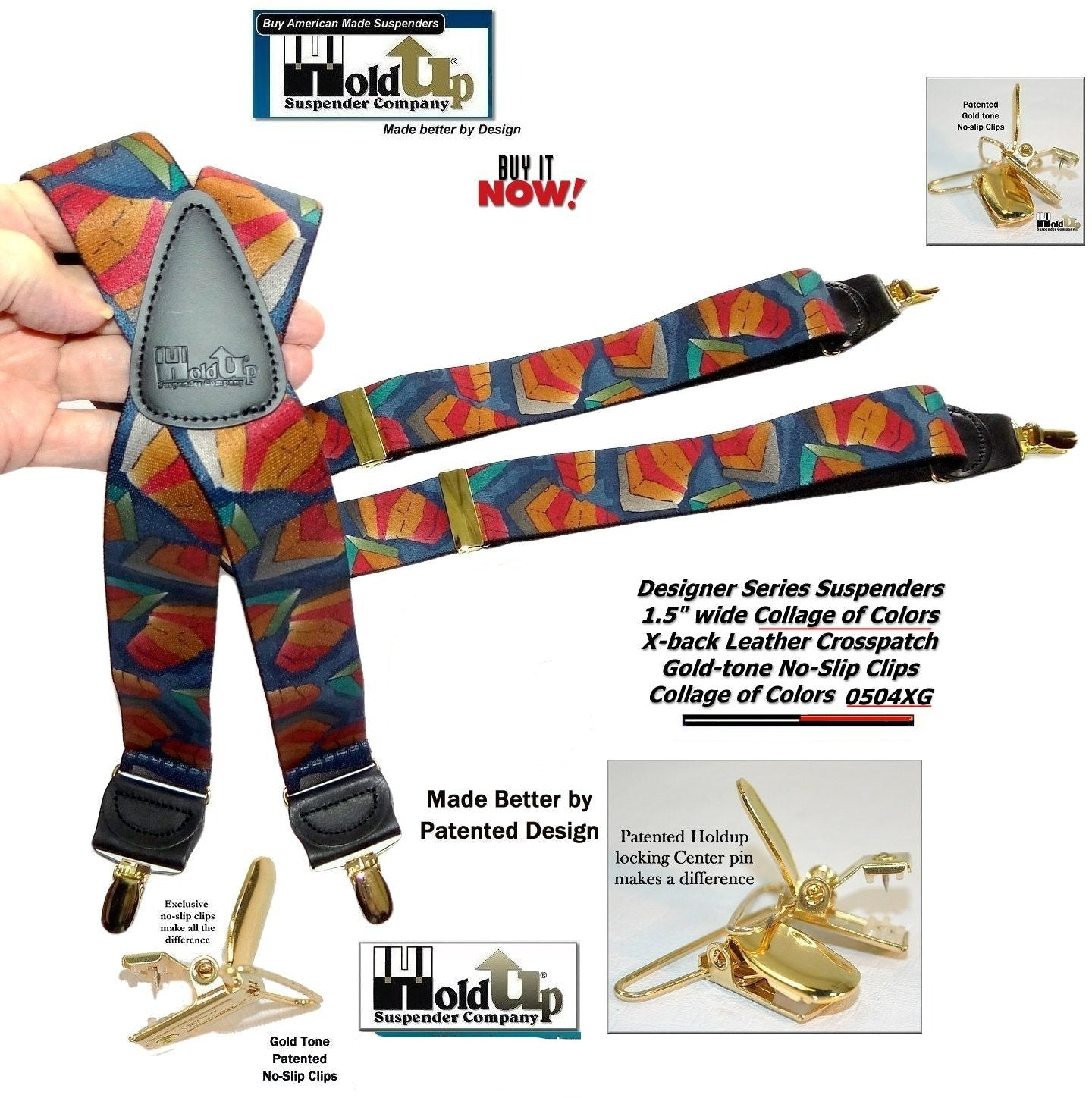 Holdup Collage of Colors Pattern X-back Suspenders and Patented No-slip Gold tone Clips