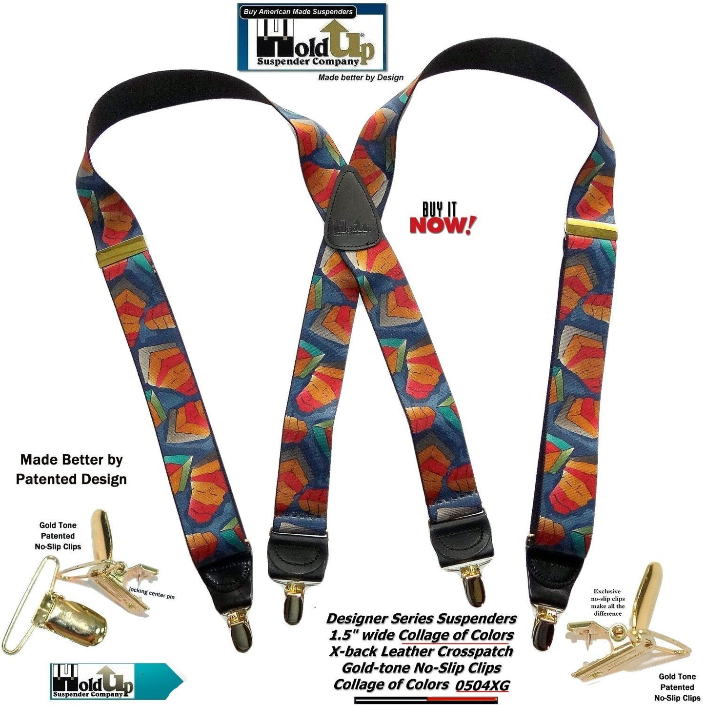 Holdup Collage of Colors Pattern X-back Suspenders and Patented No-slip Gold tone Clips