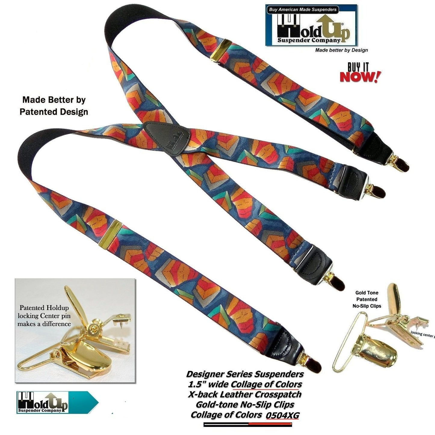 Holdup Collage of Colors Pattern X-back Suspenders and Patented No-slip Gold tone Clips