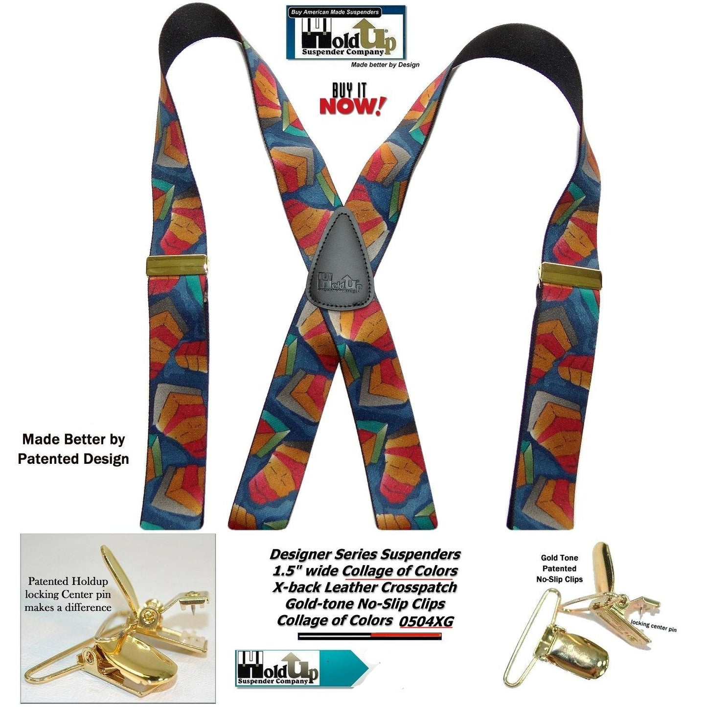 Holdup Collage of Colors Pattern X-back Suspenders and Patented No-slip Gold tone Clips