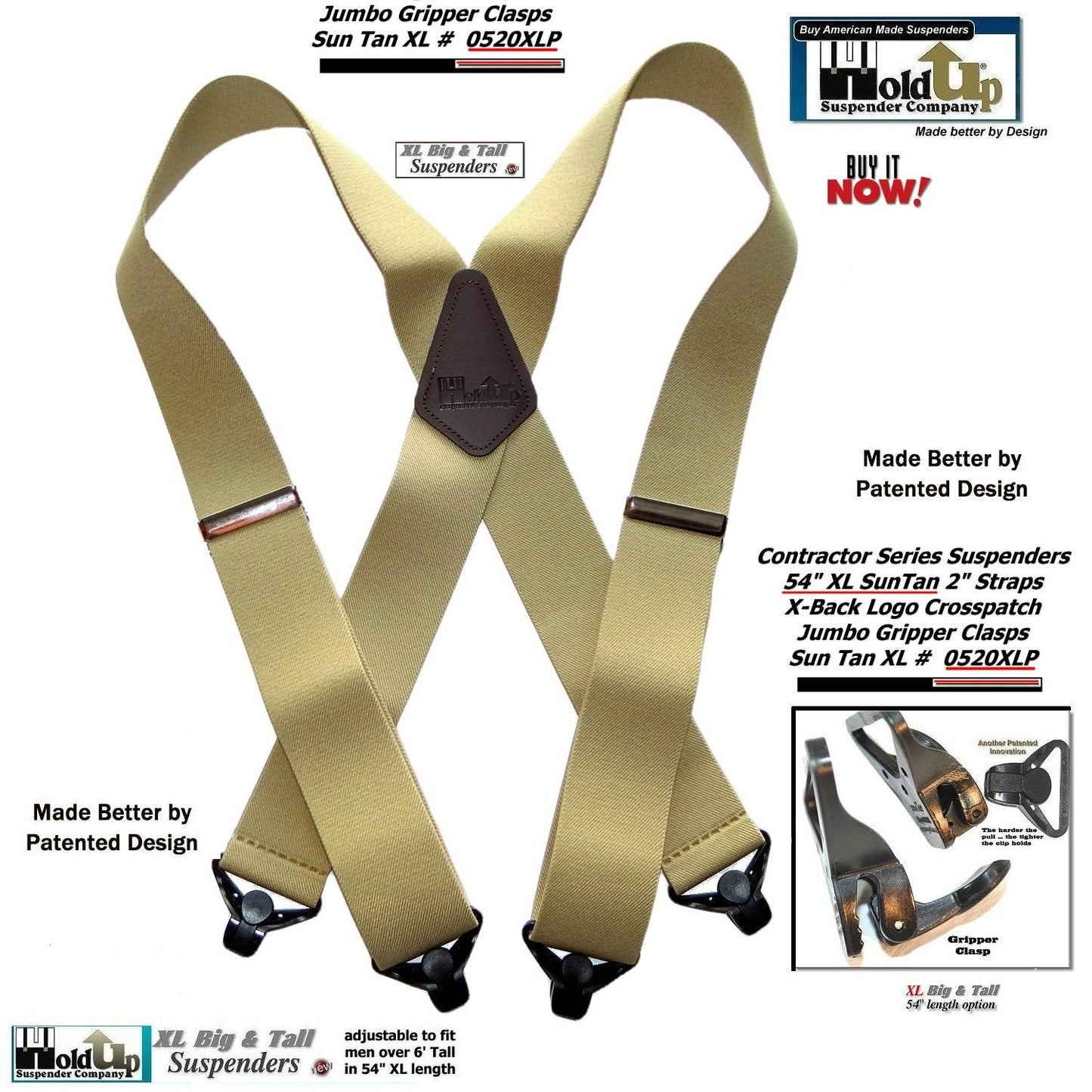 Holdup Suspender Company's Extra Long XL Light Tan Suspenders are 2 inches wide with USA Patented black Jumbo Gripper Clasps