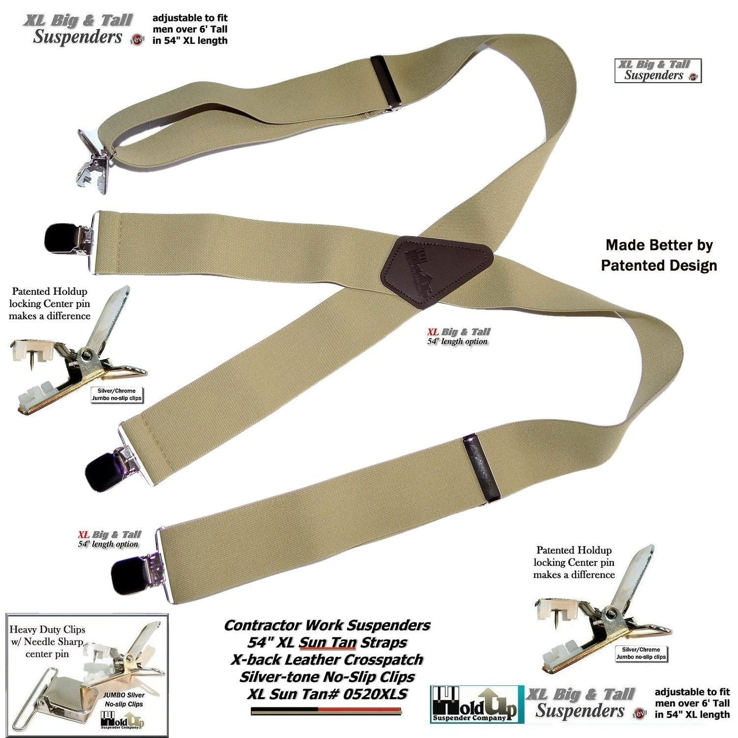 Holdup Brand Extra Long XL Sun Tan Suspenders with Jumbo USA Patented No-slip Center Pin Clips