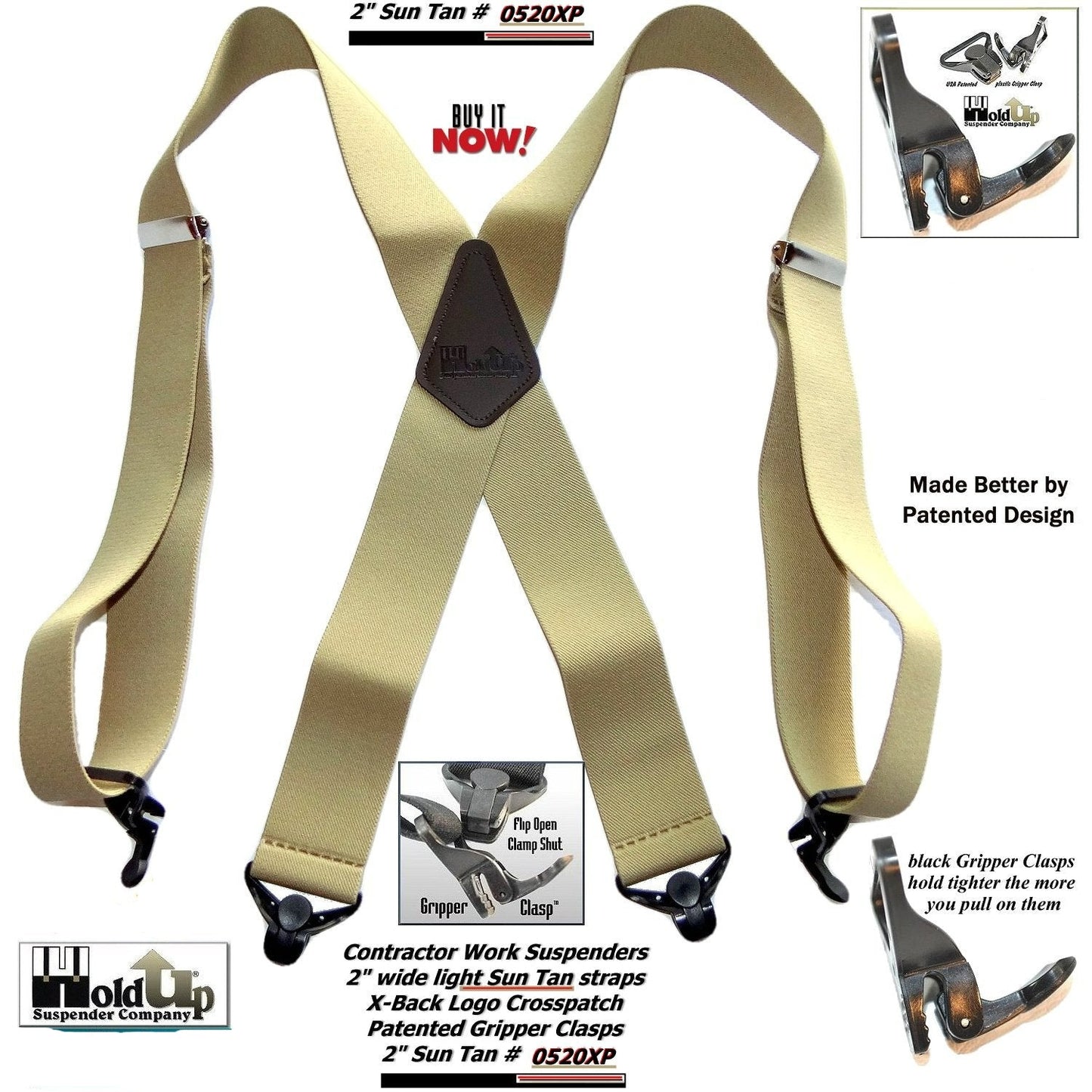 HoldUp Brand 2" Wide Heavy Duty Tan Color Suspenders with black patented black Gripper Clasps