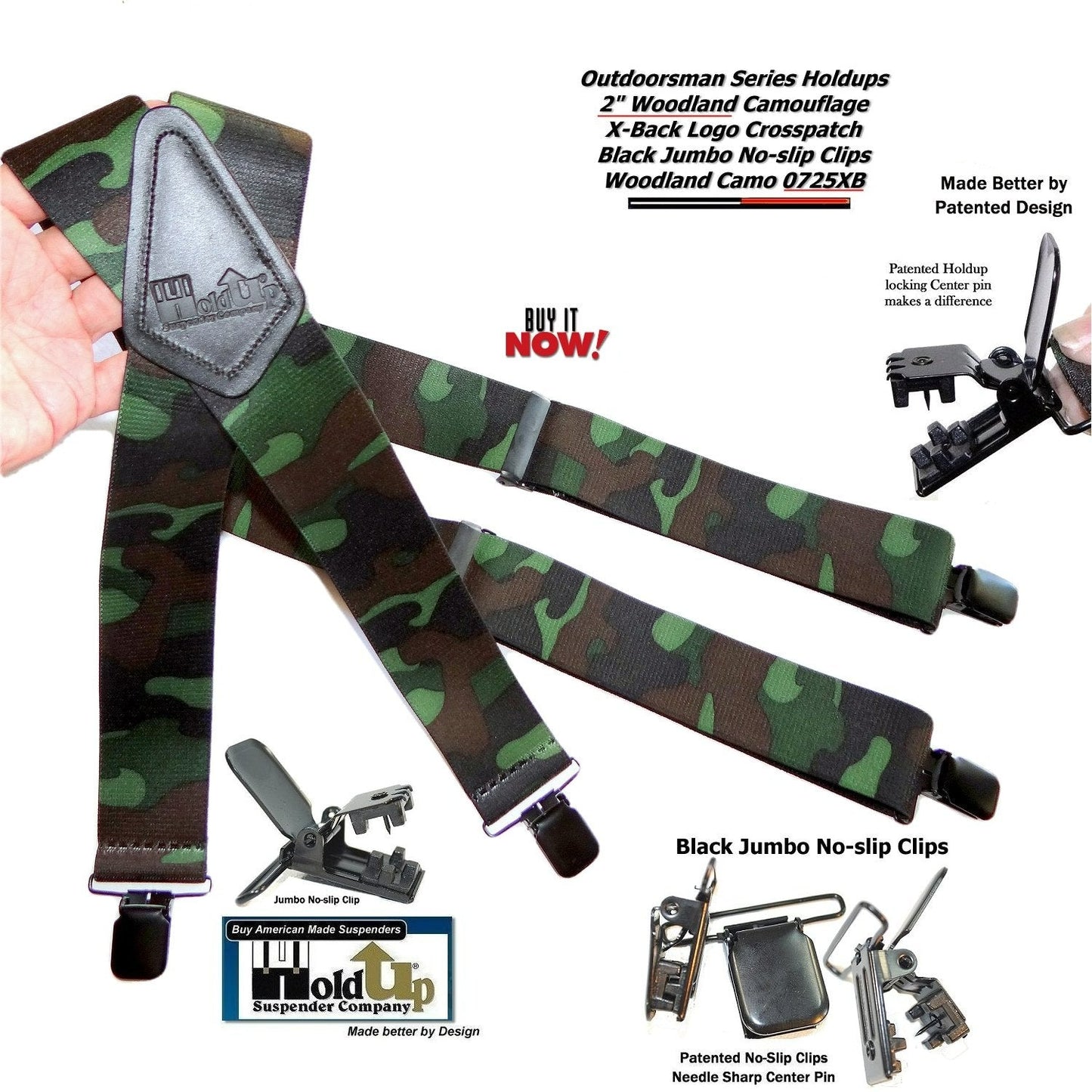 Holdup brand Woodland Camouflage pattern Hunting Suspenders with black USA Patented No-slip Clips