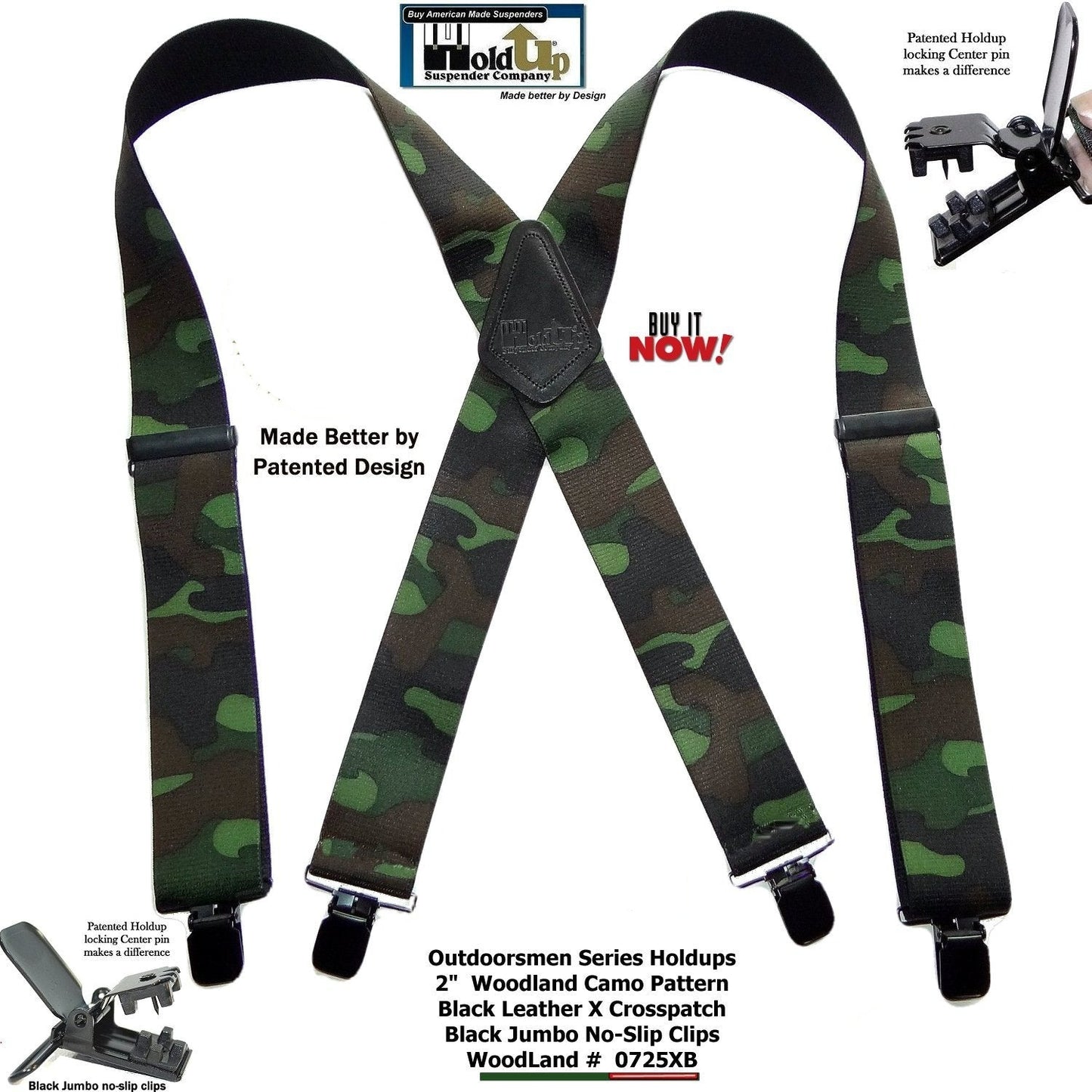 Holdup brand Woodland Camouflage pattern Hunting Suspenders with black USA Patented No-slip Clips