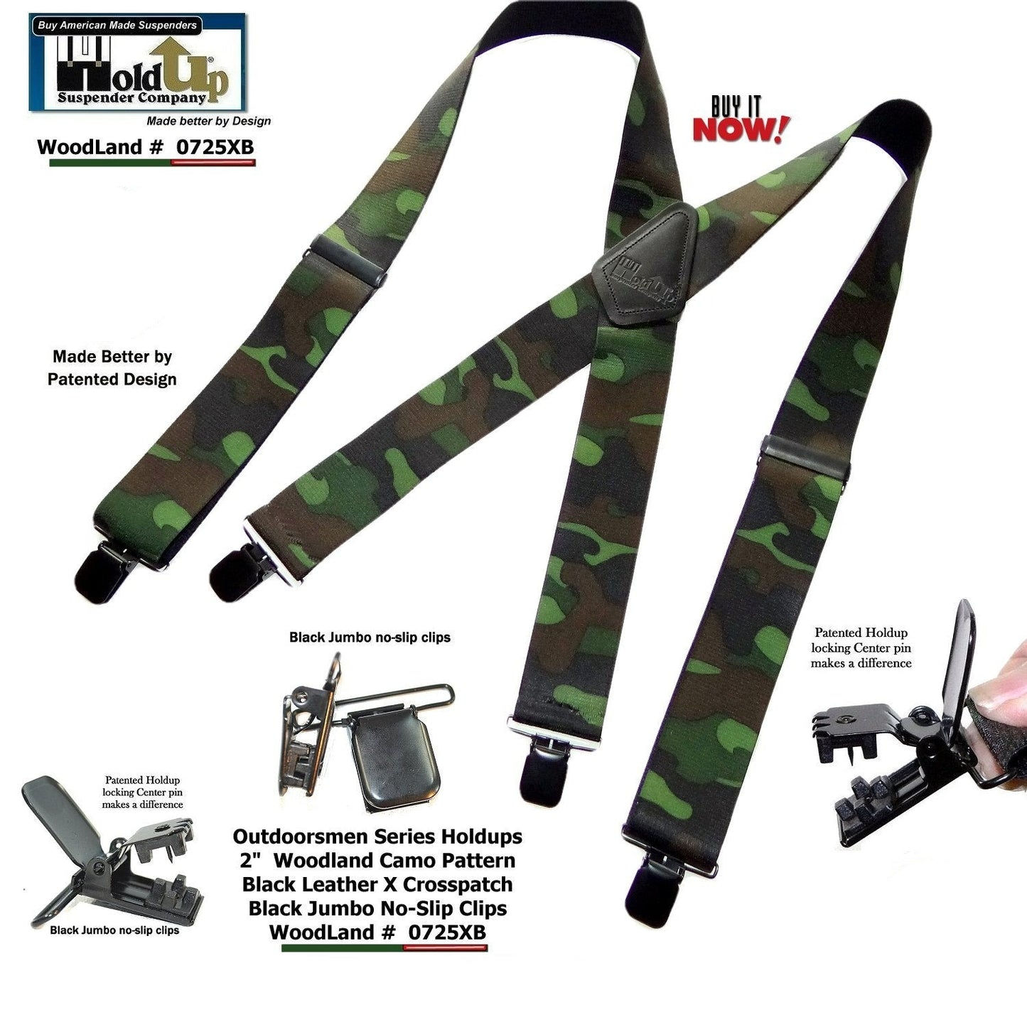 Holdup brand Woodland Camouflage pattern Hunting Suspenders with black USA Patented No-slip Clips