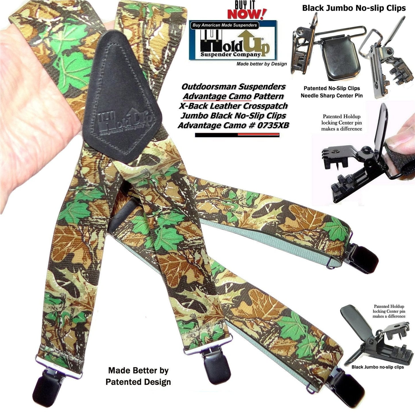 Holdup Advantage Pattern Camouflage Hunting Suspenders with 2" wide Straps and Black Patented No-slip Jumbo Clips